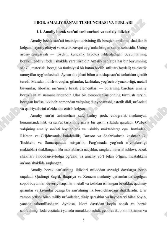 bo‘lib, har bir maktab o‘zining uslubi, naqshi, glazurasi va shakllari bilan ajralib turadi. rishton kulollarining ko‘k-yashil tusli "islimiy" naqshlari, g‘ijduvon ustalarining sarg‘ish-jigarrang gammasi, qat’iy shaklli buyumlari milliy kulolchilik maktabining boyligini ko‘rsatadi. kashtachilik – mato ustida ip yordamida naqsh ishlash san’ati bo‘lib, asosan ayollar orasida keng tarqalgan. bu san’at turida har bir tikilgan naqsh — bu hayotiy timsollar, orzu-umidlar, e’tiqod va madaniy qadriyatlarning badiiy ifodasidir. buxoro, shahrisabz, tashkent va farg‘ona viloyatlarida kashtachilik uslublari o‘ziga xos tarzda rivojlangan. masalan, buxorolik ayollar tikkan "iroqi", "bosma", "zarduzi" kabi usullar nafaqat nafisligi, balki simmetrik va kompozitsion jihatdan mukammalligi bilan ham ajralib turadi. kashta naqshlari ko‘pincha o‘simliksimon, geometrik, ramziy shakllardan tashkil topgan bo‘lib, ular chiroyli rang uyg‘unligi bilan uyg‘unlashadi. misgarlik – metalldan, ayniqsa mis va guruchdan buyum yasash va ularni bezash san’atidir. bu san’at turi ko‘proq erkak ustalar orasida rivojlangan bo‘lib, qadimdan idish-tovoq, lampalar, shamdonlar, eshik tirqishlari, ustun boshlarini bezashda qo‘llanilgan. misgarlikda naqshlar o‘yma, zarb, chizish …