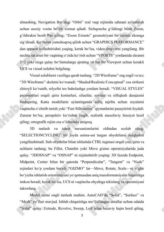 jallangan detallar uchun odatda “solid” qulay: extrude, revolve, sweep, loft bilan bazaviy hajm hosil qiling, boolean operatsiyalari bilan shaklni yig‘ing. “solidhist” yoqilgan bo‘lsa, tarixiy munosabatlarni saqlab, keyinroq parametrlarni o‘zgartirish osonlashadi; og‘ir fayllarda esa uni o‘chirib, faylni “yengillashtirish” mumkin. “facetres” va “isolines” sirt silliqligi hamda izochiziqlar sonini belgilab, real ko‘rinish va ishlash tezligi o‘rtasida muvozanat toping. material, yorug‘lik va sahna sozlamalari vizual tahlilni kuchaytiradi. “materials” palitrasi orqali metall, plastmassa, shisha kabi materiallarni yuzalarga biriktiring, “lighting” va “sun & sky” sozlamalari bilan yorug‘lik manbalarini moslang. bu ayniqsa qirrali sirtlarning real xulqini ko‘rish, yonuvchi radiuslar va qiya qirralarni baholashda foydali. yengil renderlar uchun “realistic” ko‘rinish yetarli bo‘lsa, taqdimot oldidan “render” orqali yuqori sifatli tasvirlarni olish mumkin; bunda sahna rezolyutsiyasi va anti-aliasing parametrlarini ehtiyojga qarab moslang. ish muhitini standartlashtirish keyingi loyihalarda vaqtni tejaydi. “dimstyle”, “textstyle”, qatlamlar, chiziq turlari va rang–qalinlik siyosatini 3d shablon faylga (dwt) joylashtirib, barcha loyihalarni aynan shu siyosat bilan boshlang. “tool …