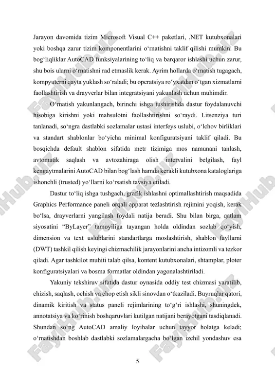 erak bo‘lsa, drayverlarni yangilash foydali natija beradi. shu bilan birga, qatlam siyosatini “bylayer” tamoyiliga tayangan holda oldindan sozlab qo‘yish, dimension va text uslublarini standartlarga moslashtirish, shablon fayllarni (dwt) tashkil qilish keyingi chizmachilik jarayonlarini ancha intizomli va tezkor qiladi. agar tashkilot muhiti talab qilsa, kontent kutubxonalari, shtamplar, ploter konfiguratsiyalari va bosma formatlar oldindan yagonalashtiriladi. yakuniy tekshiruv sifatida dastur oynasida oddiy test chizmasi yaratilib, chizish, saqlash, ochish va chop etish sikli sinovdan o‘tkaziladi. buyruqlar qatori, dinamik kiritish va status paneli rejimlarining to‘g‘ri ishlashi, shuningdek, annotatsiya va ko‘rinish boshqaruvlari kutilgan natijani berayotgani tasdiqlanadi. shundan so‘ng autocad amaliy loyihalar uchun tayyor holatga keladi; o‘rnatishdan boshlab dastlabki sozlamalargacha bo‘lgan izchil yondashuv esa keyingi interfeys va asboblar panellari bilan ishlash samaradorligini sezilarli oshiradi. 1.2. dastur ilk ishga tushganda asosiy sozlamalarni tanlash. autocad birinchi marta ishga tushirilganda foydalanuvchidan minimal konfiguratsiyani belgilab olish talab etiladi. birinchi navbatda ish muhiti tanlanadi: “drafting & annotation” yangi boshlovchilar va 2d chizmalar …