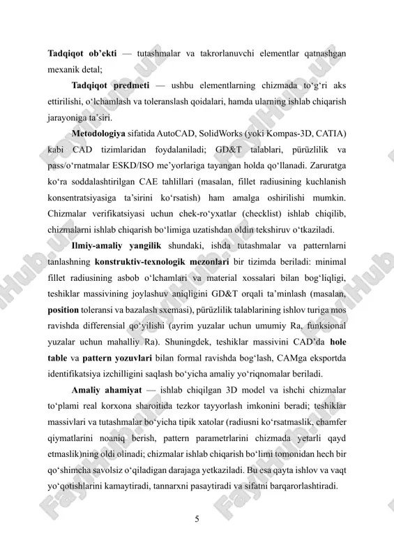rsatiladi; o‘lchov va bardoshlik siyosati esa iso 8015 (gps — geometrik mahsulot spetsifikatsiyasi) hamda iso 1101 (geometrik bardoshlik belgilari, bazislar) bilan uyg‘un bo‘lishi shart. geometriyadagi eng ko‘p uchraydigan tutashma — yumaloqlantirish, ya’ni fillet (r). ichki burchaklarda r ichki yumaloqlantirish, tashqi qirrada esa odatda “radiusli qirqib yumaloqlash” sifatida talqin etiladi. filletning vazifasi keskin burchakni yo‘qotib, kuchlanish kontsentratsiyasini pasaytirish, oqim yoki ishqalanish sharoitini yaxshilash hamda ishlab chiqarish jarayonida kesuvchi asbobga qulay sirt yaratishdir. fillet o‘lchami chizmada “r” prefiksi bilan beriladi: r3, r6 kabi; agar bir detal bo‘ylab ko‘p joyda bir xil radius takrorlansa, “r3 × n” yoki izohda “barcha ichki burchaklar r3” mazmunida umumlashtirishga yo‘l qo‘yiladi. iso 129 mantiqida o‘lcham chizig‘i yoyga yo‘naltiriladi, matn o‘qilishi aniq bo‘lishi uchun sig‘magan joylarda polka (shelf) yoki jogged radiusdan foydalaniladi. ishlab chiqarish nuqtayi nazaridan r qiymati asbob geometriyasi va materialga mos tanlanadi: juda kichik radius ishlab chiqarishni qiyinlashtiradi, ortiqcha kattasi esa funksional joylashuvlarni buzishi mumkin. sifat …