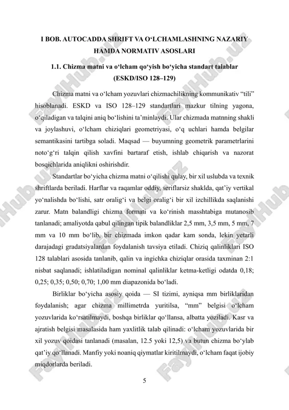 n qilinishi uchun bazislar izchil belgilanishi shart. matn mazmuni va tili bo‘yicha me’yoriy talablar buyum nomi, material, qoplama, issiqlik ishlovi, og‘irlik, texnologik ko‘rsatmalar va xavfsizlik ogohlantirishlari kabi axborotlarning lo‘nda va aniq ifodalanishini ta’minlaydi. chizmada qisqartmalar me’yoriy ro‘yxatga muvofiq, chalkashlik tug‘dirmaydigan shaklda qo‘llanadi. bir chizma to‘plami doirasida atamalar, belgilashlar va yozuv uslubi birxil bo‘lishi talab etiladi. masshtab va o‘qiluvchanlik — iso 128–129ning markaziy tamoyillaridan. o‘lcham yozuvlari masshtabdan qat’i nazar, bir xil o‘qiluvchan bo‘lishi kerak; ya’ni 1:1, 1:2 yoki 2:1 ko‘rinishlarda ham matn balandligi va strelka o‘lchamlari yakuniy chiqarishda (plot) bir xil vizual effekt beradi. shu bois muhandis amaliyotida “annotativ” yondashuv yoki standart shablonlar orqali matn va o‘lcham uslublarining barqaror ko‘rinishi ta’minlanadi. chizmalar turli formatlarga chiqarilganda ham (a4–a0, pdf yoki plotter) bir xil o‘qiluvchanlik saqlanishi zarur. sifat nazorati jihatidan o‘lchamlarning mantiqiy to‘liqligi, ortiqcha yoki qarama-qarshi o‘lchamlardan qochish, o‘lcham zanjirining yopilishi, muhim funksional yuzalar uchun bazaviy yondashuvning tanlangani tekshiriladi. o‘lcham chiziqlarining kontur bilan …