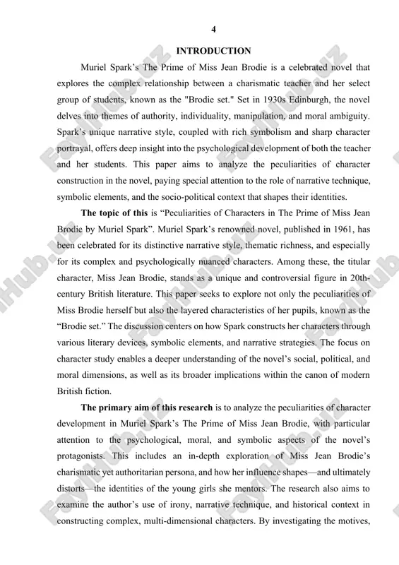 on of events, but as a psychological evolution. the revelation of future outcomes—especially miss brodie’s betrayal—adds layers of irony and detachment that force readers to question characters’ motives long before they are fully revealed through dialogue or action.[footnoteref:1] [1: abrams m.h. a glossary of literary terms. – usa: heinle & heinle, 1999. – pp. 112–125.] the effect of this technique is particularly significant in the characterization of miss jean brodie herself. she is introduced not merely through her actions, but through the lens of the narrator who frequently undercuts her authority with subtle irony. for example, while brodie sees herself as a visionary educator shaping the minds of an elite group of girls, the narrative hints at the dangers of her delusions and authoritarian tendencies. the reader learns early on that her influence will eventually be undermined, and this knowledge casts a shadow over her charismatic persona. through this structure, …