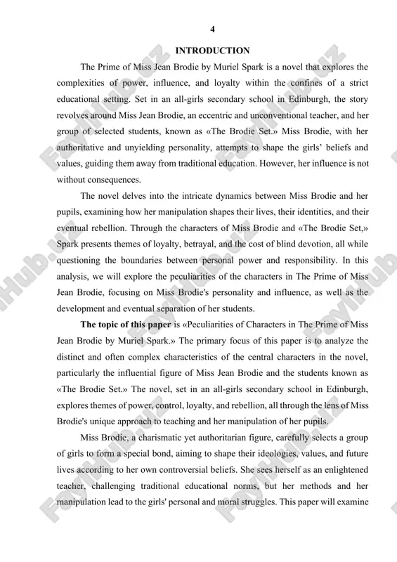 ers within «the brodie set,» focusing on how each girl’s character develops under miss brodie’s guidance. it will delve into how the girls evolve, their internal struggles, and how they respond to the psychological manipulation and control exerted by miss brodie. the paper will examine the factors that lead to their rebellion against miss brodie’s influence, highlighting the themes of loyalty, betrayal, and personal growth. in addition to character development, the paper will analyze the role of miss brodie’s influence on the girls’ intellectual, emotional, and moral development, and how this reflects the broader themes of the novel such as authority, manipulation, autonomy, and the consequences of blind devotion. the object of this paper is to gain a deeper understanding of how spark uses character development to advance the novel's exploration of power relations, personal autonomy, and the psychological effects of authoritarian control. the subject of this paper is the …