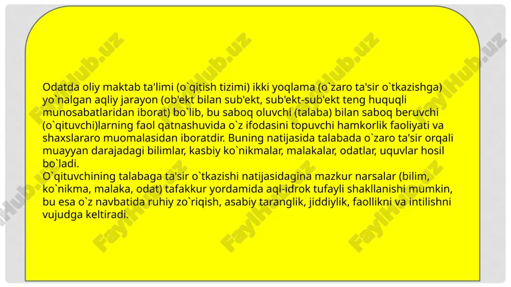 ekin ko`nikmalar egallash ancha zaifdir; ana shu yo`l bilan kundalik talaba faoliyatini ikki qismga ajratish imkoniyati yaratiladi (9-12;13-17), bu esa o`z navbatida uy topshiriqlarini keskin qisqartirishga olib keladi, ijodiy izlanish, mustaqil fikrlash tanqidiy munosabatni talabalarda shakllantiradi; (o`qituvchilar nazariy yuklamasini 280 soat qilib belgilash o`qitish sifati, samaradorligini oshiradi); v) o`quv dasturini mumkin qadar ixchamlashtirish-uni rejalashtirishni osonlashtiradi; ma'lumki, 2 soatga mo`ljallangan dastur mavzusida o`rtacha 30 ta ilmiy tushuncha, atama mujassamlashgan, lekin ularning mohiyatini ochib berish juda mushkuldir; bizningcha, yo’zakilik aynan shundan kelib chiqadi, mulohaza o`rnini ta'kidlov egallaydi, xolos: buning uchun muhim tushunchalar, ta'riflar, teoremalar tanlab olinishi, yordamchilarini esa manbalar bilan tanishishga yo`naltirish ma'qul, ana shunda chalkashliklar barham topadi; d) darslik va qo`llanmalar hajmi o`spirinlarning yosh xususiyatlari, imkoniyatlariga mutlaqo mos tushishi lozim; chunki 17-18 yoshlik talabalarning diqqat barqarorligi 60 minut atrofida, mabodo matn hajmi katta bo`lsa, uni o`zlashtirish darajasi shunchalik qiyin kechishi ko’zatiladi; radio va televidenie diktori bir bet matnni (1680 alomatni) 2 …