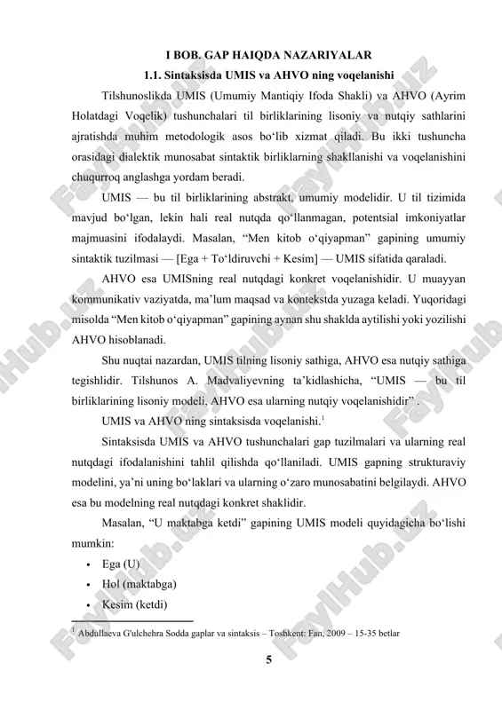 muxlisa nutqshunoslik asoslari – toshkent: ma’naviyat, 2011 – 40-60 betlar] tilshunoslikda umis (umumiy mantiqiy ifoda shakli) va ahvo (ayrim holatdagi voqelik) tushunchalari sintaktik birliklarning shakllanishi va qo‘llanishini aniqlashda muhim nazariy asos bo‘lib xizmat qiladi. umis tilning lisoniy tizimida mavjud bo‘lgan umumlashtirilgan sintaktik qolipni bildiradi. bu qolip, ya’ni model, nutqda ishlatilishi mumkin bo‘lgan gaplar strukturasi uchun abstrakt shakl sanaladi. ahvo esa shu qolip asosida real nutqda shakllangan, voqelikka aylangan gapdir. umis nazariy jihatdan ko‘plab gap variantlari uchun umumiy asos bo‘la oladi. masalan, "ega + kesim" shaklidagi qolip — "u bordi", "men keldim", "biz ishlaymiz" kabi ko‘plab gaplarning umumiy modeli sifatida qaraladi. ahvo esa aynan qaysi kontekstda, qanday emotsional holatda va qaysi nutqiy vazifada shu qolipning qanday shaklda qo‘llanayotganini anglatadi. umis asosidagi sintaktik tuzilma doimiy, stabil, normativ ko‘rinishga ega bo‘lib, u til o‘rgatuvchi materiallarda, grammatika qoida va darsliklarda aks ettiriladi. ahvo esa jonli nutqda, odamlarning muloqot davomida bildirgan gaplarida namoyon bo‘ladi. shu …