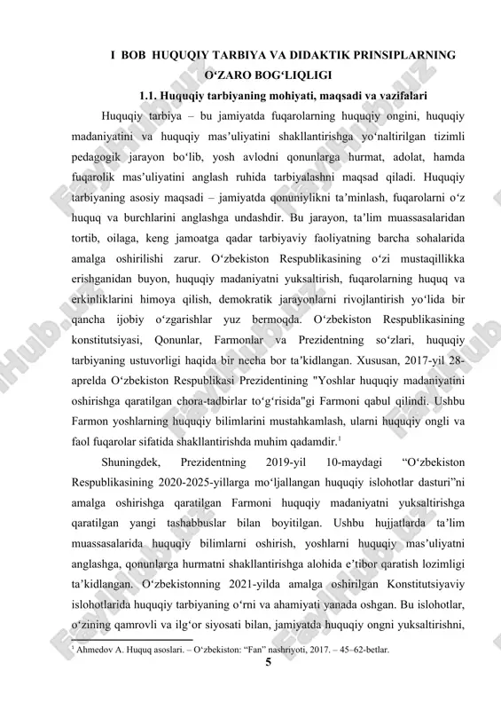 ari, yondashuvlari va didaktik prinsiplari asosida ishlash zarur. huquqiy tarbiya jarayonida oʻquvchilarga nafaqat qonunlarni oʻrgatish, balki ularda jamiyatga boʻlgan masʼuliyat, adolat va tenglikka hurmat hissini singdirish kerak. huquqiy tarbiyaning mohiyatini aniqlashda, taʼlim muassasalarining roli ham katta. pedagogik jarayonning asosiy maqsadi – oʻquvchini faqat huquqiy bilimlar bilan qurollantirish emas, balki ularni ushbu bilimlarni kundalik hayotda qoʻllashga oʻrgatishdir. huquqiy ongli va huquqiy masʼuliyatli fuqarolarni tarbiyalash nafaqat taʼlim jarayonining, balki jamiyatning ijtimoiy rivojlanishining asosiy unsuridir. shu sababli, huquqiy tarbiya jarayonida didaktik prinsiplarning ahamiyati juda katta. didaktik prinsiplar, oʻquvchilarning huquqiy ongini rivojlantirishda muhim oʻrin tutadi va ularga huquqiy bilimlarni samarali oʻrgatishga yordam beradi. huquqiy tarbiyaning maqsadi, shubhasiz, har bir oʻquvchini oʻz huquq va burchlarini toʻgʻri anglashga, ularni hayotda qoʻllay olishga yoʻnaltirilgan. bu esa, faqat huquqiy bilimlarni oʻrgatishdan iborat emas, balki oʻquvchilarni ijtimoiy faollik va jamiyatga boʻlgan masʼuliyat ruhida tarbiyalashni ham oʻz ichiga oladi. oʻquvchilarning jamiyatdagi huquqiy vazifalarini anglash, ularning oʻz huquqlarini himoya qilishga qodir …