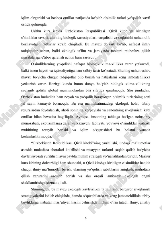 aroitlarini batafsil o'rganish. xavf ostida qolgan turlarni aniqlash: ushbu o'simliklarning yo'qolish xavfi darajasini baholash va ularning saqlanishi uchun zarur bo'lgan tadbirlarni aniqlash. ekologik ahamiyatni tushuntirish: o'simliklarning ekosistemadagi roli va ularning inson hayoti, iqtisodiy faoliyat va tabiiy muvozanatga ta'sirini ko'rsatish. ommaviy axborot va ta'lim: o'zbekiston "qizil kitobi"ga kiritilgan o'simliklar haqida keng jamoatchilikni xabardor qilish, ekologik ta'limni rivojlantirish va tabiatni muhofaza qilish masalalariga e'tibor qaratish. ushbu maqsadlar orqali kurs ishi o'zbekistonning tabiiy resurslarini saqlash va ularni kelajak avlodlarga yetkazish borasida muhim ilmiy asoslarni taqdim etadi. kurs ishining vazifalari ushbu kurs ishining vazifalari quyidagilardan iborat: o'simlik turlarini o'rganish: o'zbekiston respublikasi "qizil kitobi"ga kiritilgan o'simlik turlarini aniqlash va ularning taxonomik tasnifini amalga oshirish. har bir o'simlik turining biologik xususiyatlarini, jumladan, morfologik, anatomik va fiziologik xususiyatlarini o'rganish. o'simliklarning tarqalish geografiyasini va ularning yashash muhitlarini aniqlash. xavf darajasini baholash: o'zbekiston "qizil kitobi"ga kiritilgan har bir o'simlik turining yo'qolish xavfi darajasini baholash uchun mavjud metodologiyalarni qo'llash. o'simliklarning …