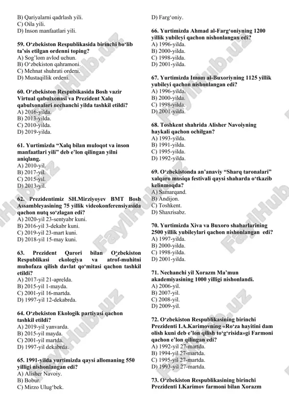 a? a) 16 yosh. b) 18 yosh. c) 15 yosh. d) 14 yosh. 46. o‘zbekiston respublikasida necha yoshdan kam bo‘lmagan fuqarolar prezidentlikka saylanishi mumkin? a) 35 yoshdan. b) 25 yoshdan. c) 21 yoshdan. d) 18 yoshdan. 47. o‘zbekiston respublikasida necha yoshga to‘lgan fuqarolar oliy majlisga saylanishi mumkin? a) 35 yosh. b) 25 yosh. c) 21 yosh. d) 18 yosh. 48. o‘zbekiston respublikasida necha toshga to‘lgan fuqarolar viloyat, tuman, shahar kengashlariga deputatlikka saylanishi mumkin? a) 35 yosh. b) 25 yosh. c) 21 yosh. d) 18 yosh. 49. “o‘zbekiston havo yo‘llari” milliy aviakompaniyasi qachon tashkil etiladi? a) 1990-yil 16-aprelda. b) 1994-yil 21-dekabrda. c) 1992-yil 28-yanvarda. d) 1996-yil 15-martda. 50. toshkent shahrida metrosining 6 ta bekatdan iborat yunusobod liniyasi qachon ishga tushirildi? a) 2001-yil avgustda. b) 2006-yil avgustda. c) 1995-yil avgustda. d) 2018-yil avgustda. 51. “navoiy-uchquduq-sulton uvaystog‘-nukus” temir yo‘li qachon ishga tushrilgan edi? a) 1996-yilda. b) 2018-yilda. c) 2001-yilda. d) 1999-yilda. 52. o‘zbekistonda …