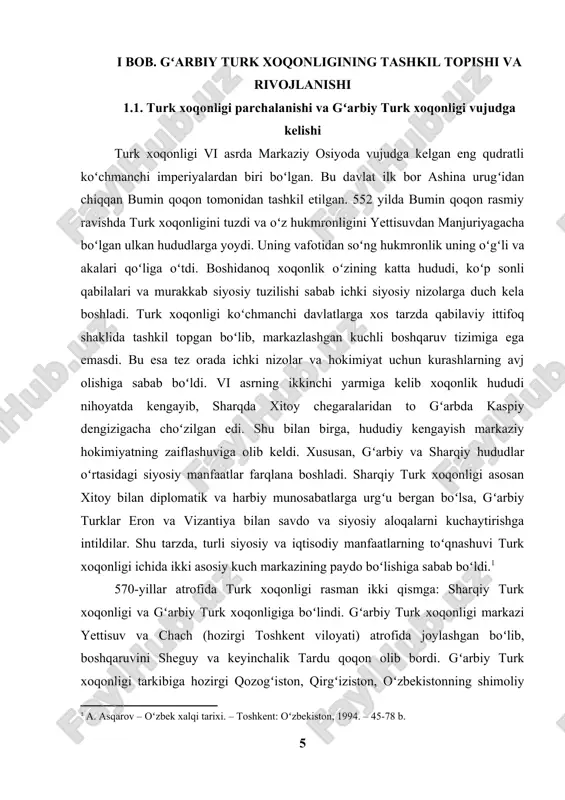 ki nizolar yana avj oldi. xitoy imperiyasi bu vaziyatdan foydalangan holda 657 yilda gʻarbiy turk xoqonligini boʻysundirdi. natijada, xoqonlik rasman tugadi va markaziy osiyo hududida xitoyning siyosiy taʼsiri kuchaydi. shunga qaramay, gʻarbiy turk xoqonligi davrida shakllangan siyosiy tajriba, boshqaruv tizimi va ijtimoiy tuzilmalar keyinchalik qarluqlar, uygʻurlar, qoraxoniylar kabi turkiy davlatlarning tashkil topishida muhim asos boʻlib xizmat qildi.[footnoteref:2] [2: a. xaydarov – turk xoqonligi va uning merosi. – toshkent: fan, 1998. – 120-145 b.] shu tariqa, gʻarbiy turk xoqonligining vujudga kelishi va rivojlanish jarayoni, bir tomondan, koʻchmanchi qabilalarning siyosiy tashkiloti, ikkinchi tomondan esa markaziy osiyo hududida ilk yirik davlat tuzilmasining shakllanishi sifatida tarixda oʻchmas iz qoldirdi. 1.2. gʻarbiy turk xoqonligining geografik hududi va etnik tarkibi gʻarbiy turk xoqonligi vi asrning ikkinchi yarmida mustaqil davlat sifatida shakllangach, uning hududi nihoyatda keng va strategik ahamiyatga ega boʻlgan. xoqonlikning asosiy markazi yettisuv vodiysi hisoblanar edi. bu hudud hozirgi qozogʻistonning janubi-sharqi, qirgʻizistonning shimoli va xitoyning …