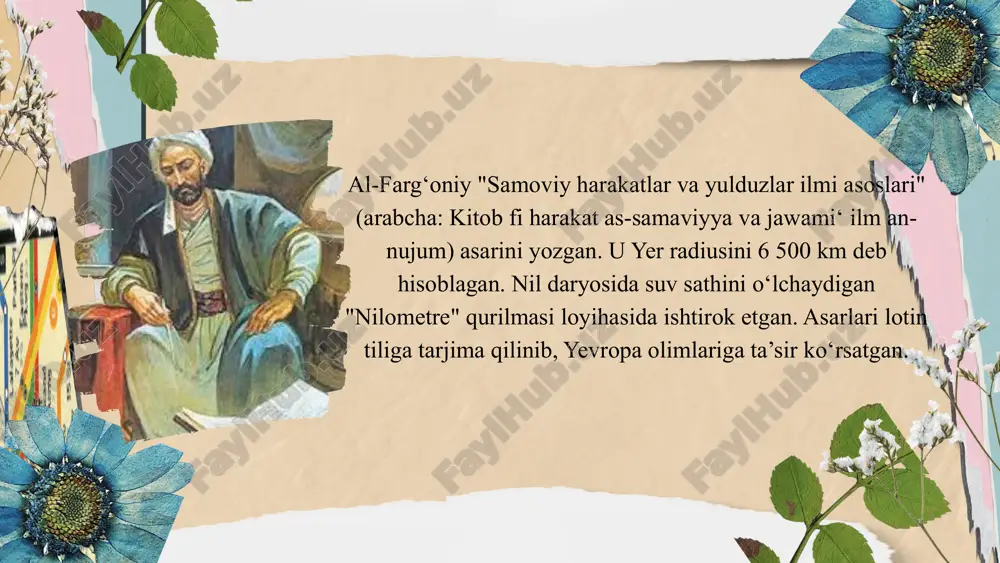 ng ta'limga oid qarashlari zamonaviy pedagogik tizimlarga muhim ta'sir ko‘rsatgan. ijtimoiy islohotlarga oid fikrlari esa, inson huquqlari va adolatga asoslangan jamiyatni yaratish uchun zarur bo‘lgan asoslarni shakllantirgan. shu bilan birga, al-farg‘oniy ilm-fanning ijtimoiy roli va uning jamiyatni rivojlantirishdagi o‘rniga katta e'tibor qaratgan. bundan kelib chiqadiki, al-farg‘oniyning ta'lim va ijtimoiy islohotlarga bo‘lgan ta'siri nafaqat uning davriga, balki keyingi davrlar uchun ham muhim bo‘lgan ilmiy va falsafiy merosni yaratdi. xulosa abul abbos ahmad ibn muhammad ibn kasir al-farg‘oniy o‘rta osiyo va islom dunyosining mashhur allomalaridan biri bo‘lib, uning ilmiy merosi juda keng qamrovli. u falsafa, matematika, mantiq, astronomiya va tilshunoslik kabi sohalarda katta ishlar qilgan. al-farg‘oniy ilmni aql va tafakkur bilan bog‘lab, ilm-fanni rivojlantirishda yangi yondashuvlar kiritgan. uning ta'lim va ijtimoiy islohotlarga oid qarashlari ham o‘z zamonidan ancha ilg‘or edi, u jamiyatda adolat va tenglikni ta'minlashni maqsad qilgan. uning ilmiy faoliyati va falsafiy qarashlari bugungi kunda ham dolzarb bo‘lib, ilm-fan va ta'lim …