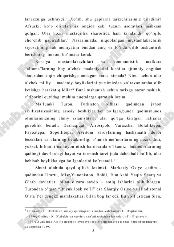 avjiga chiqdi. ushbu hududda azaldan yashab kelgan xalqlar mafkurasi va uning asosini tashkil etgan diniy aqidalarning bekor qilinishi va ular o’rniga yangi din - islomning majburan joriy etilishi o`lkadagi ijtimoiy – siyosiy, madaniy – mafkuraviy vaziyatni tubdan o’zgartirib yubordi. bosqinchilar o’lkada amalda bo’lib kelgan mahalliy yozuvlarni, xususan xorazmiy yozuvini bekor qilganlar. xorazmdagi ilm targ’uboti bilan shug’ullanadigan ziyolilarni qattiq ta’qib ostiga olganlar. chunonchi qutayba xattotlarni yo’qotgan, ruhoniylarni qatl ettirib, ularning kitoblari va o`rama xat yozuvlarini o’tda yondirgan, natijada xorazmliklar yalpi savodsizlikka mahkum etilganlar. beruniy va narshaniy kabi allomalarning guvohlik berishlaricha, arab istilochilari xalqqa ham moddiy zarar yetkazdi, milliy hokimiyat tugatildi, shaharlar, qadimgi madaniyat yodgorliklari, mavjud yozuvlar, kitoblar yondirilib, muhtasham me’moriy va san’at namunalari yakson qilindi. somoniylardan so’ng keyingi asrlarda o`lkada qoraxoniylar, g’aznaviylar, xorazmshohlar davlatlari vujudga keldi. shu bilan birga yaqin va o’rta sharq shakllangan yosh musulmon davlatlari o’rtasida iqtisodiy – madaniy aloqalar jonlandi, madaniyat namunalarini ayriboshlash, o’zaro ma’naviy ta’sir kuchaydi. mazkur …