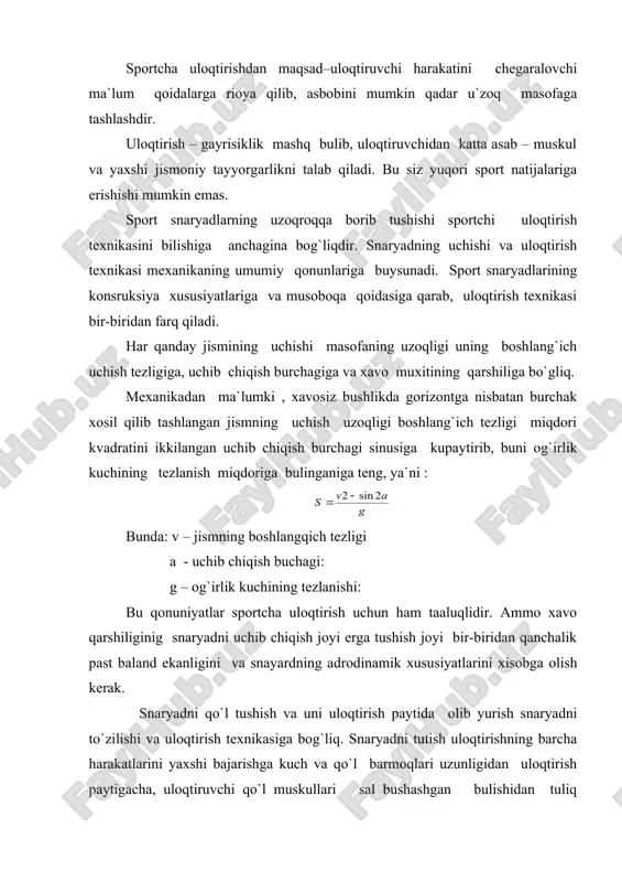 uchib chiqish joyi erga tushish joyi bir-biridan qanchalik past baland ekanligini va snayardning adrodinamik xususiyatlarini xisobga olish kerak. snaryadni qo`l tushish va uni uloqtirish paytida olib yurish snaryadni to`zilishi va uloqtirish texnikasiga bog`liq. snaryadni tutish uloqtirishning barcha harakatlarini yaxshi bajarishga kuch va qo`l barmoqlari uzunligidan uloqtirish paytigacha, uloqtiruvchi qo`l muskullari sal bushashgan bulishidan tuliq foydalanishga va uloqtirish vaqtida harakatlarni yaxshi ko`zatishga yordam beradi. snaryadni tutish usullari ularni tuzilishiga va uloqtirish texnikasiga uloqtiruvchilarning xususiyatlariga bo`gliq. aylanib uloqtirishning barcha turlarida yadro itqitishda yugurib kelishga dastlabki harakatlar bajariladigan, bundan asosiy maqsad va butun e`tiborni uloqtirishga , yugurib kelishni to`g`ri boshlash uchun zarur bulgan xolatda tura bilishga jalb qilib, keyingi harakatlarni bajarilishi yengillashtirishdir. bosqon uloqtirishda bu harakatlar aylanma harakatlar boshlanguncha bosqon shariga katta tezlik berishiga xizmat qiladi. yugurib kelish aylanma shaklda bajarilgan. uloqtiruvchi snaryadning to`g`ri chiziqli tezligini oshiradi. yugurib kelishni aniq bajarganda snaryad buyilan harakat qilayotgan uloqtiruvchining tezligi uloqtirishning boshlang`ich fazasiga tobora usib borishi …