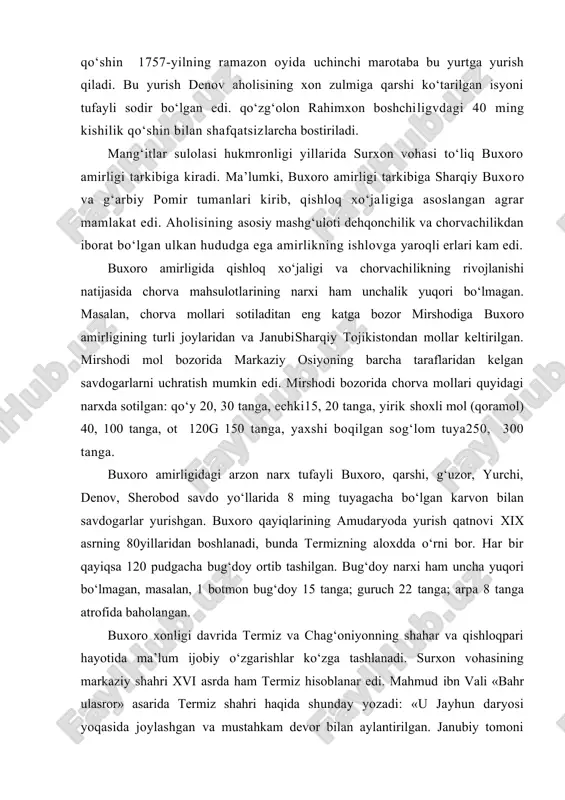 ’asini egallab, 3 ming ot, 500 tuyaga ortilgan qimmatbaho mollar va 20 ming tillo tangani buxoroga olib ketadi. surxon sarhadlariga qilingan qurolli harakatlar bu bilan to‘xtab qolmaydi, balki rahimxon boshchiligidagi qo‘shin 1757-yilning ramazon oyida uchinchi marotaba bu yurtga yurish qiladi. bu yurish denov aholisining xon zulmiga qarshi ko‘tarilgan isyoni tufayli sodir bo‘lgan edi. qo‘zg‘olon rahimxon boshchiligvdagi 40 ming kishilik qo‘shin bilan shafqatsizlarcha bostiriladi. mang‘itlar sulolasi hukmronligi yillarida surxon vohasi to‘liq buxoro amirligi tarkibiga kiradi. ma’lumki, buxoro amirligi tarkibiga sharqiy buxoro va g‘arbiy pomir tumanlari kirib, qishloq xo‘jaligiga asoslangan agrar mamlakat edi. aholisining asosiy mashg‘uloti dehqonchilik va chorvachilikdan iborat bo‘lgan ulkan hududga ega amirlikning ishlovga yaroqli еrlari kam edi. buxoro amirligida qishloq xo‘jaligi va chorvachilikning rivojlanishi natijasida chorva mahsulotlarining narxi ham unchalik yuqori bo‘lmagan. masalan, chorva mollari sotiladitan eng katga bozor mirshodiga buxoro amirligining turli joylaridan va janubisharqiy tojikistondan mollar keltirilgan. mirshodi mol bozorida markaziy osiyoning barcha taraflaridan kelgan savdogarlarni uchratish …