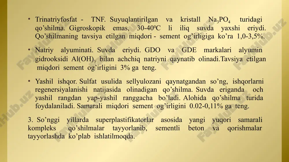 rmasdan beton qorishmasini harakatchanligini ko’paytiradi p1 dan p2 gachan (2…4 sm dan 5-9 sm gachan). 9 xorijiy ishlab chiqaruvchilar qo’shimchalari: agiplast (agiplast) sulfitlangan naftalin formaldegid birikmalar asosidagi mahsulot.ishlab chiqaruvchi rhona(fransiya). konplast (conplast mi) sulfirlangan melamin formaldegid saqich asosidagi qo’shimcha. kormiks cormix). ishlab chiqaruvchi kormiks(cormix) sulfirlangan melamin naftalin formaldegid birikmalar asosidagi qo’shimcha.ishlab chiqaruvchi rhodia (b.britaniya). lomar d (lomar d) sulfirlangan naftalin formaldegid birikmalar asosidagi mahsulot. ishlab chiqaruvchi diamond shamrock (fransiya). melment (melment l10, melment f) sulfirlangan melamin formaldegid saqichlar asosidagi qo’shimcha. foydalanilgan adabiyotlar ro’yxati. 1. u. a. gaziyev, d.sh. qodirova “beton va qorishmalar uchun qo’shimchalar”. toshkent – 2016. o’quv qo’llanma. 2. u.a.gaziyev, x.a. akramov “ sanoat chiqindilari asosida beton va temirbeton ishlab chiqarish”. toshkent-2012. o’quv qo’llanma. 3. ziyonet.uz. image4.jpg image3.jpg image1.jpg high pile of hardcover books