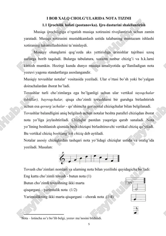 da qo‘yidagi qismlarni ko‘rishimiz mumkin: nota ko‘rinishining talabaongiga etib borishi; talaba ongida qanday harakatni amalga oshirish kerakligining aniqlanishi; kerakli harakatlar yordamida berilgan notaning ijro etilishi. notaga qarab ijro etish jarayonining qanchalik tez sodir bo‘lishi nota ko‘rinishini qabul qilib (anglab), kerakli harakatni amalga oshirish tezligiga bog‘liq. agar jarayonining biror qismi yaxshi ishlamasa, notaga qarab ijro etishda ko‘zlangan natijaga erishish qiyin bo‘ladi. notaga qarab ijro etishning murakkab taraflaridan biri shuki, musiqa asarining bir qismi ijro etilayotganda cholg‘uchi keyingi qismini ko‘rib, uning ijrosiga tayyorgarlik ko‘rishga tayyorlanadi. tajribasiz talabalar ko‘p holda buning uddasidan chiqa olmaydilar natijada, ularning ijrolari uzilib qoladi. diqqat-e’tiborni bir maqsadga qarata bilish notaga qarab ijro etishning muvaffaqiyatli o‘zlashtirilishini ta’minlaydigan omillardan biridir. notaga qarab ijro etish qobiliyatini rivojlatirishda quyidagi amaliy mashqlar yordam berishi mumkin; eng oddiy musiqa, boshlang‘ich taktning birinchi yarmi ijro etilayotganda talabao‘z e’tiborini shu taktning ikkinchi yarmiga qaratadi. xuddi shu usul asarning keyingi taktlarini ijro etishda ham qo‘llanadi. mashg‘ulotlar yordamida …