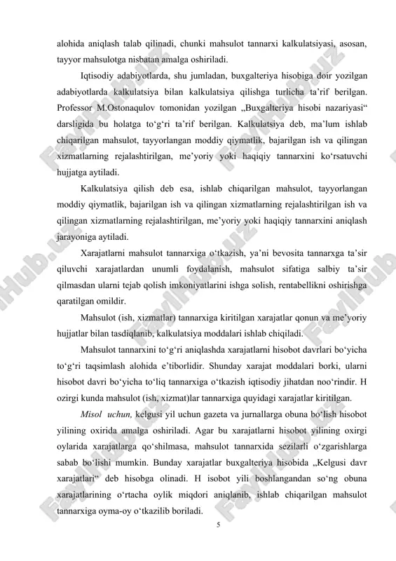 ibor talab qilinadi. mahsulot tannarxiga kiritiladigan xarajat moddalariga asosan ishlab chiqarilgan mahsulotning tannarxi „asosiy ishlab chiqarish“ schotida aniqlanadi. o‘zbekiston respublikasi vazirlar mahkamasining 1999- yil 5- fevraldagi 54- qarorida mahsulot (ishlar, xizmatlar) ning ishlab chiqarish tannarxiga kiritiladigan xarajatlar tarkibi ko‘rsatilgan. qarorga asosan, mahsulot (ishlar, xizmatlar) ning ishlab chiqarish tannarxiga ishlab chiqarish bilan bog‘liq bo‘lgan, ishlab chiqarish texnologiyasi bilan shartlangan xarajatlar kiradi. ularga quyidagi xarajatlar tegishlidir: — bevosita va bilvosita moddiy xarajatlar; — bevosita va bilvosita mehnat xarajatlari; — ishlab chiqarish xususiyati bilan bog‘liq bo‘lgan ustama xarajatlar. 2-xo'jalik muommolari va mablag'lari to'g'risida tushuncha turli mulkchilik shakllarida faoliyat yurituvchi korxonalarning vazifasi, o’z faoliyati jarayonida mahsulot ishlab chiqarishdan iborat. bu vazifani bajarish uchun birinchi navbatda ta’minot jarayonini bosib o’tishi, ishlab chiqarish va undan keyin esa uni sotish jarayoniga kelishi kerak. bu uchta bosqich har doim bir -birlarining o’rnini egallaydi va shu bilan korxonada mablag’larning uzluksiz aylanishini hosil qiladi. mablag’lar aylanishidagi asosiy bosqich- moddiy boyliklarni …
