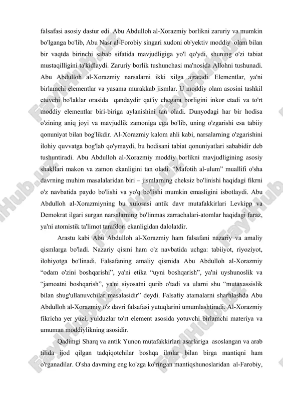 y tafakkur, ilmiy bilimning zaruriy ibtidosi sifatida aks etgan mantiq masalalarini ham o'rganadi. abu abdulloh al-xorazmiy mantiq masalalarini ko'rib chiqishni so'z va iboralar o'zaro munosabatini bayon etishdan boshlaydi. o'rta sharq mualliflari mantiqda so'zlarning ma'no anglatishining uch turini, ya'ni so'z o'zining to'lik mazmunini anglatishi, so'z o'z mazmunidan kelib chiqadigan narsani anglatishini farqlar edi. abu abdulloh al-xorazmiy o'zining ilmlari tasnifi nazariy falsafaga tabiiy ilmlar va riyoziyot ilmlarini kiritib, birinchi guruh, tibb, mineralogiya, asarda alohida qayd etilmagan bo'lsa ham, al-kimyo va mexanikadan iborat deb hisoblaydi. abu bakr, ali ibn rabbon at-tabariy, ali ibn abbos al-majusiy, ayniqsa, abu ali ibn sino kabi buyuk olimlar va tabiblar o'z vaqtida tibbga katta hissa qo'shganlar. “mafotiq al-ulum” muallifi nazariy tibb va farmakologiya masalalari bilan shug'ullanganlaridan biridir. “tibb qonunlari” asari bunyodkoridan oldin yashagan abu abdulloh al-xorazmiy tibbga sakkiz bobdan iborat ikkinchi qismining uchinchi bo'limini bag'ishladi. jahon riyoziyot tafakkurini o'zining yuqori darajali yutuqlari bilan boyitgan ix-x asrlar yaqin va …