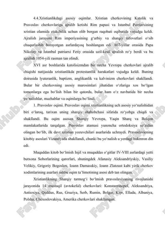 konstantinopol, aleksandriya, antioxiya, quddus, rus, gruziya, serb, rumin, bolgar, kipr, ellada, albaniya, polsha, chexoslovakiya, amerika cherkovlari shakllangan. pravoslav oqimida sirli rasm-rusumlar muhim o‘rin egallaydi. cherkov ta’limotiga ko‘ra, bunday paytlarda xudo tomonidan dindorlarga alohida savoblar nozil bo‘ladi. cho‘qintirish - sirli hodisasi. bunda dindor o‘z tanasini uch marta suvga botirishi xudo-otani, o‘g‘ilni va muqaddas ruhni chaqirish bilan ruhiy tug‘ilishni kasb etadi. badanga eleyni surkash ham sirli bo‘lib, bunda dindorga muqaddas ruhning ruhiy hayotga qaytaruvchi va chiniqtiruvchi ehsonlari ulashiladi. poklanishning sirliligi. unda dindor non va vino ko‘rinishida o‘z badanida iso qonini abadiy hayotga tayyorlaydi. nadomatning sirliligi shundaki, dindor o‘z gunohlarini din peshvosi oldida tan oladi, din peshvosi esa uning gunohlarini iso nomidan kechiradi. ruhoniylikning sirliligi u yoki bu shaxsni ruhoniy darajasiga ko‘tarish uchun episkopning qo‘lini o‘sha shaxs badaniga tegizishi (yoki qo‘yishi) orqali amalga oshiriladi. badanni eley bilan ishqalash sirida xudoning ruhiy va jismoniy zaifliklarni tuzatuvchi lutf-u marhamatidan umid qilinadi. pravoslav cherkovi bayramlar va …