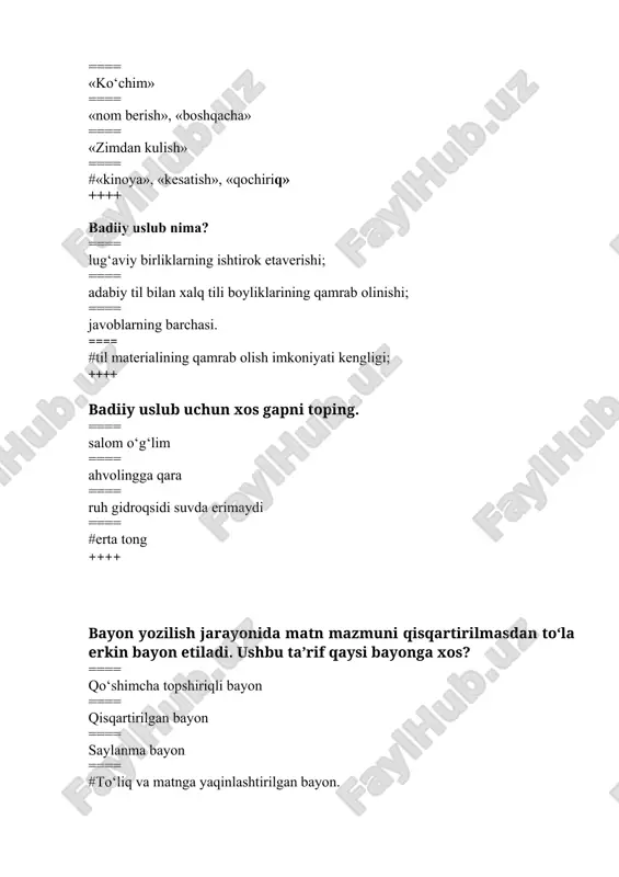 ashmagan? ==== xabarni eshitib tarvuzi qo‘ldan tushdi ==== qizcha oyisining etagidan ushlab oldi ==== ko‘rpangga qarab oyoq uzatsangchi ==== #it bolaninng barmog‘ini tishlab olibdi ++++ qaysi qatorda tasvir vositalariga xos xususiyatlar noto‘g‘ri qo‘llangan? ==== iboralar doimo ko‘chma ma’noda qo‘llanadi ==== ibora turli gap bo‘laklari vazifasida keladi ==== iboralar ikki yoki undan ortiq so‘zlar qo‘shilmasidan hosil bo‘ladi ==== #iboralar ma’nosi bir so‘zga teng ++++ qaysi qatorda tasviriy vosita qo‘llanmagan? ==== bosh qotirishga to‘g‘ri keladi ==== tepa sochi tikka bo‘ldi ==== bir yoqadan bosh chiqaraylik ==== #o‘rmon malikasi archa ++++ qaysi qatordagi ibora “hayratlanmoq” so‘ziga sinonim bo‘la oladi? ==== tepa sochi tikka bo‘ldi ==== yoqasini ushlamoq ==== toqati toq bo‘lmoq ==== #og‘zi qulog‘ida ++++ qaysi uslub ijtimoiy – siyosiy bilimlarni targ‘ib qilish va keng halq ommasiga yetkazuvchi vosita sifatida foydalaniladi. ==== badiy uslub ==== ilmiy uslub ==== rasmiy ish qog‘ozlar uslubi ==== #publitsistik uslub ++++ qaysi uslub uchun ko‘p ma’noli so‘zlarning qo‘llanishi …