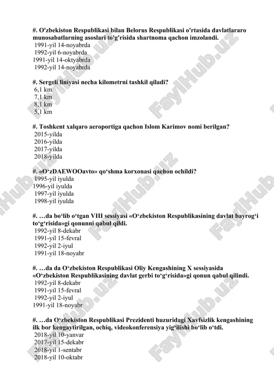 irsaidov shavkat mirziyoyev #.qachon mazkur farmon asosida o‘zbekiston respublikasi oliy sudi va oliy xo‘jalik sudi birlashtirilib, fuqarolik, jinoiy, ma’muriy va iqtisodiy sud ish yurituvi sohasidagi sud hokimiyatining yagona oliy organi – o‘zbekiston respublikasi oliy sudi tashkil etildi. 2016-yil 2014-yil 2017-yil 2013-yil #. o'zbekiston respublikasi konstitutsiyasining qaysi moddasida tashqi siyosat qoidalari qonunlashtmldi. 17-moddasida 14-moddasida 16-moddasida 20-moddasida #. o'zbekiston respublikasi qachon bmt ga a’zo bo’ldi. 1993-yil 2-mart 1992-yil 2-mart 1991-yil 2-mart 1992-yil 2-may #. 1993-yil 27-sentabrda mamlakatimiz birinchi prezicfenti l.karimovning bmt bosh assam-bleyasining nechanchi sessiyasida ma’ruza qildi. 50-sessiyasi 75-sessiyasi 48-sessiyasi 72-sessiyasi #. 1991-yil 8-dekabrda minskda uch slavyan respublikasi - rossiya, ukraina, belorus davlat rahbarlari qanday xalqaro tashkilot tuzish to’grisida shartnoma imzoladilar. yunesco exht mdh bmt #.1991-yil 21-dekabrda minskda 11ta davlat rahbarlari qanday xalqaro tashkilotga asos soldi. yunesco exht bmt mdh #. 2001-yil 29-30-noyabr kunlari qaysi shaharda mdh tashkil etilgan kunning 10 yilligiga bag'ishlangan yubiley sammiti bo'lib o'tdi. moskvada minskda kiyevda toshkentda #. …