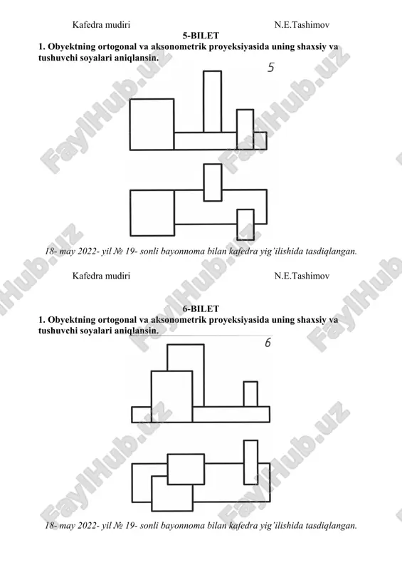 i aniqlansin. 18- may 2022- yil № 19- sonli bayonnoma bilan kafedra yig’ilishida tasdiqlangan. kafedra mudiri n.e.tashimov 30-bilet 1. obyektning ortogonal va aksonometrik proyeksiyasida uning shaxsiy va tushuvchi soyalari aniqlansin. 18- may 2022- yil № 19- sonli bayonnoma bilan kafedra yig’ilishida tasdiqlangan. kafedra mudiri n.e.tashimov