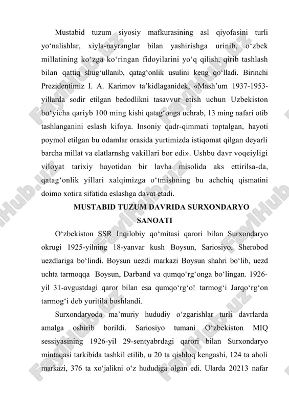 nafar aholi istiqomat qilardi. viloyatda paxta etishtirishning o‘sib borishi uni qayta ishlovchi sanoat korxonalarini qayta qurishni taqozo etdi. 1918-yili termiz paxta tozalash zavodi davlat ixtiyoriga o‘tkazildi va ish kuni 8 soat qilib belgilandi. yuqorida ta’kidlanganidek, viloyatda paxta hosildorligining o‘sib borishi yangi paxta tozalash zavodi qurishni taqozo etdi. yangi korxonani viloyatda paxta etishtiradigan rayonlarga yaqinlashtirish uchun sherobodda qurish mo‘ljallandi va 1926-yilda sherobod jingauzi foydalanishga topshirildi. surxon vohasidagi milliy-ozodlik harakatlari tarix – bu xalq xotirasining so‘nmas yulduzidir. unda avlodlar orzusi, kurashi, fidoyiligi, shon-sharafi aks etadi. o‘zbekiston tarixida milliy-ozodlik harakatlari muhim o‘rin tutadi. bu harakatlar nafaqat umumiy turkiston miqyosida, balki har bir viloyat, voha, hatto qishloq darajasida ham shakllangan. ayniqsa, surxon vohasi – qadimiy tarixga, boy madaniy merosga ega, o‘zbek xalqining tarixiy shakllanishida muhim rol o‘ynagan hududdir. xx asr boshlarida bu vohada yuz bergan milliy-ozodlik harakatlari xalqning siyosiy mustaqillik, diniy erkinlik va ijtimoiy adolat yo‘lidagi kurashining yorqin ifodasidir. rossiya imperiyasi davridagi siyosiy bosim …