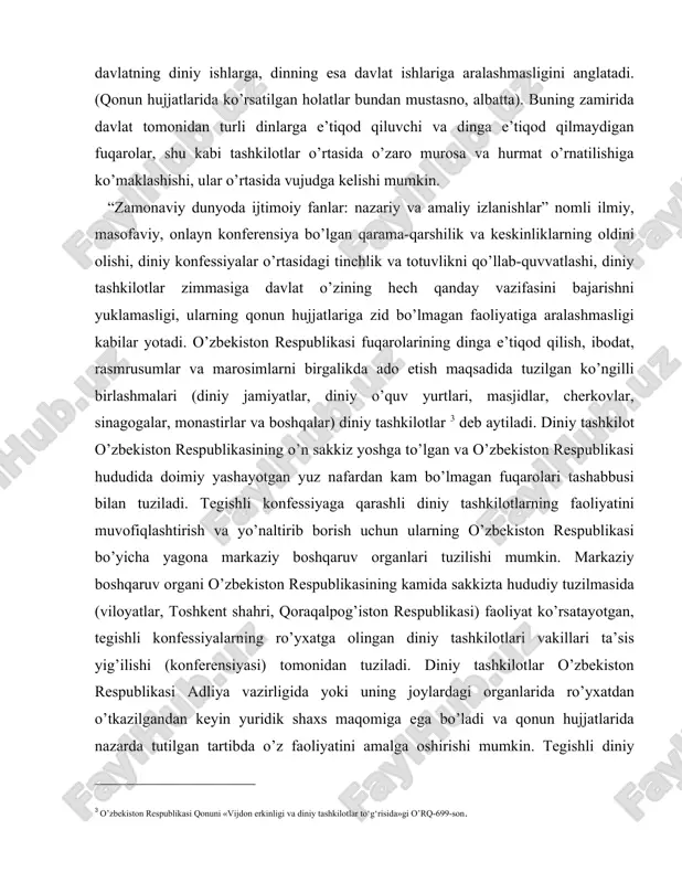 on respublikasi hududida doimiy yashayotgan yuz nafardan kam bo’lmagan fuqarolari tashabbusi bilan tuziladi. tegishli konfessiyaga qarashli diniy tashkilotlarning faoliyatini muvofiqlashtirish va yo’naltirib borish uchun ularning o’zbekiston respublikasi bo’yicha yagona markaziy boshqaruv organlari tuzilishi mumkin. markaziy boshqaruv organi o’zbekiston respublikasining kamida sakkizta hududiy tuzilmasida (viloyatlar, toshkent shahri, qoraqalpog’iston respublikasi) faoliyat ko’rsatayotgan, tegishli konfessiyalarning ro’yxatga olingan diniy tashkilotlari vakillari ta’sis yig’ilishi (konferensiyasi) tomonidan tuziladi. diniy tashkilotlar o’zbekiston respublikasi adliya vazirligida yoki uning joylardagi organlarida ro’yxatdan o’tkazilgandan keyin yuridik shaxs maqomiga ega bo’ladi va qonun hujjatlarida nazarda tutilgan tartibda o’z faoliyatini amalga oshirishi mumkin. tegishli diniy ma’lumotga ega bo’lgan o’zbekiston respublikasi fuqarolari diniy tashkilotlarning rahbarlari bo’lishlari mumkin. diniy tashkilotlar rahbarligiga o’zbekiston respublikasining fuqarosi bo’lmagan shaxslarning nomzodi o’zbekiston respublikasi vazirlar mahkamasi huzuridagi din ishlari bo’yicha qo’mita bilan kelishib olinadi. davlat organlari bilan diniy tashkilotlarning o’zaro munosabatlarini muvofiqlashtirish hamda vijdon erkinligi va diniy tashkilotlar to’g’risidagi qonun hujjatlari ijrosini nazorat qilish vazifasi o’zbekiston respublikasi vazirlar mahkamasi …