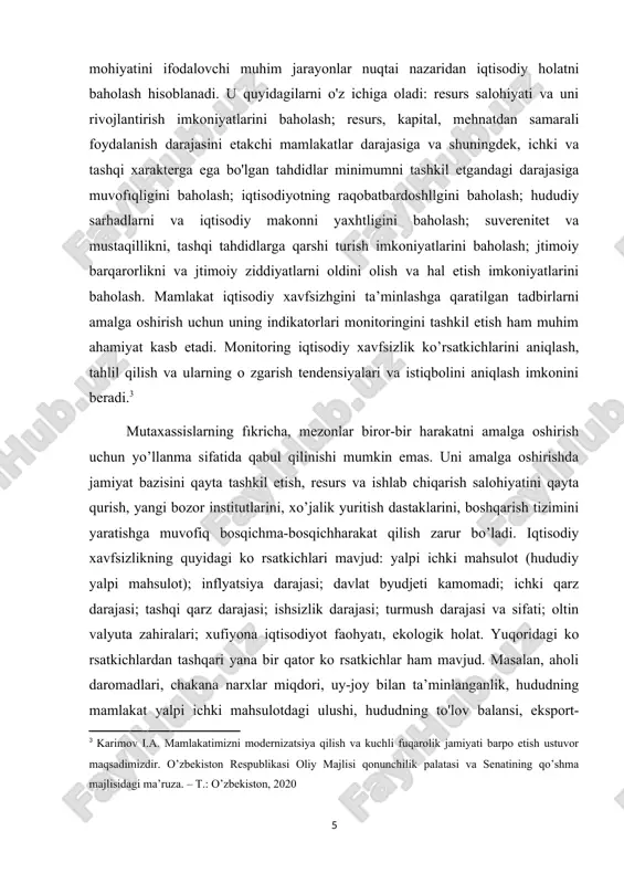 [footnoteref:3] [2: isaxodjaev a., rasulev a. xufiyona iqtisodiyot va iqtisodiy xavfsizlik. –t.: o’zbekiston respublikasi iiv akademiyasi, 2019.] [3: karimov i.a. mamlakatimizni modernizatsiya qilish va kuchli fuqarolik jamiyati barpo etish ustuvor maqsadimizdir. o’zbekiston respublikasi oliy majlisi qonunchilik palatasi va senatining qo’shma majlisidagi ma’ruza. – t.: o’zbekiston, 2020 ] mutaxassislarning fıkricha, mezonlar biror-bir harakatni amalga oshirish uchun yo’llanma sifatida qabul qilinishi mumkin emas. uni amalga oshirishda jamiyat bazisini qayta tashkil etish, resurs va ishlab chiqarish salohiyatini qayta qurish, yangi bozor institutlarini, xo’jalik yuritish dastaklarini, boshqarish tizimini yaratishga muvofiq bosqichma-bosqichharakat qilish zarur bo’ladi. iqtisodiy xavfsizlikning quyidagi ko rsatkichlari mavjud: yalpi ichki mahsulot (hududiy yalpi mahsulot); inflyatsiya darajasi; davlat byudjeti kamomadi; ichki qarz darajasi; tashqi qarz darajasi; ishsizlik darajasi; turmush darajasi va sifati; oltin valyuta zahiralari; xufiyona iqtisodiyot faohyatı, ekologik holat. yuqoridagi ko rsatkichlardan tashqari yana bir qator ko rsatkichlar ham mavjud. masalan, aholi daromadlari, chakana narxlar miqdori, uy-joy bilan ta’minlanganlik, hududning mamlakat yalpi …