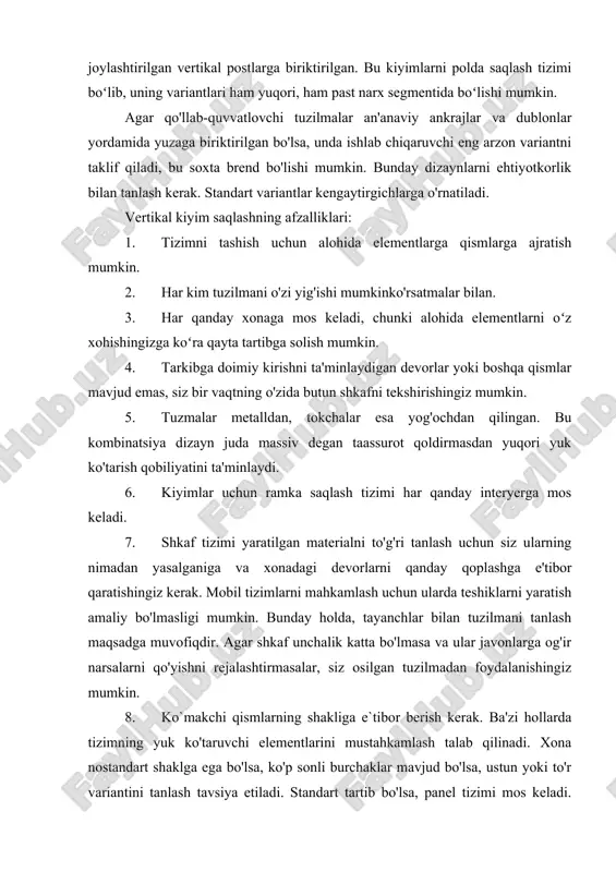 - ochiq javonlar. bolalar, uy hayvonlari tomonidan narsalarga zarar etkazish xavfi mavjud, ammo bunday variantlar kichik shkaflar uchun mos keladi, siz tanlovni kechiktirmaslik uchun darhol barcha poyabzallarni, boshqa narsalarni tekshirishingiz mumkin. yupqa shkaflar yoki garderob saqlash tizimlarini oʻrnatish uchun juda koʻp boʻsh joy talab etiladi. massiv, ayniqsa qishki poyabzallarni joylashtirish juda qiyin. bundan tashqari, nostandart uskunalar bilan jihozlarni tartibga solish har doim ham mumkin emas. ushbu variantlar katta o'lchamli koridorga mos keladi, ammo oddiy javonlarga qaraganda qimmatroq. yupqa shkaflar poyabzal va boshqa narsalarni changdan to'liq qoplaydi, deformatsiyadan himoya qiladi va koridorning umumiy ko'rinishiga ijobiy ta'sir qiladi. ergonomikani qanday ta'minlash kerak? kiyinish xonasida sig'im va bo'sh joydan to'g'ri foydalanish juda muhim, chunki haroratning keskin o'zgarishi ba'zan bir vaqtning o'zida ham engil narsalarni, ham kattaroq kiyimlarni, shu jumladan kuz va qish poyabzallarini saqlash zaruratiga olib keladi. hatto kichik ustki kiyimni saqlash tizimi ham to'g'ri to'ldirilishi mumkin, shunda garderobning keyingi qismini qo'yish uchun …