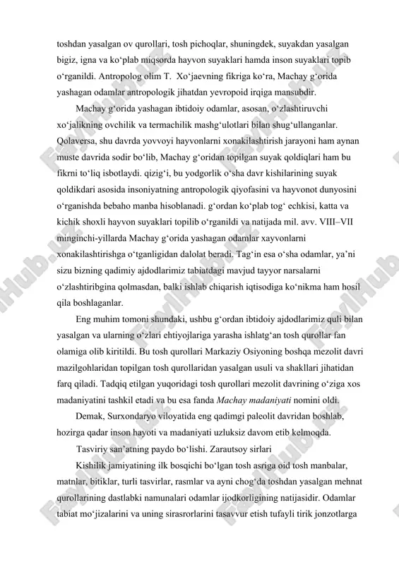 oylashgan. arxeologik qazuv ishlari natijasida bu yerdan juda ko‘plab turli shakllarda toshdan yasalgan ov qurollari, tosh pichoqlar, shuningdek, suyakdan yasalgan bigiz, igna va ko‘plab miqsorda hayvon suyaklari hamda inson suyaklari topib o‘rganildi. antropolog olim t. xo‘jaevning fikriga ko‘ra, machay g‘orida yashagan odamlar antropologik jihatdan yevropoid irqiga mansubdir. machay g‘orida yashagan ibtidoiy odamlar, asosan, o‘zlashtiruvchi xo‘jalikning ovchilik va termachilik mashg‘ulotlari bilan shug‘ullanganlar. qolaversa, shu davrda yovvoyi hayvonlarni xonakilashtirish jarayoni ham aynan muste davrida sodir bo‘lib, machay g‘oridan topilgan suyak qoldiqlari ham bu fikrni to‘liq isbotlaydi. qizig‘i, bu yodgorlik o‘sha davr kishilarining suyak qoldikdari asosida insoniyatning antropologik qiyofasini va hayvonot dunyosini o‘rganishda bebaho manba hisoblanadi. g‘ordan ko‘plab tog‘ echkisi, katta va kichik shoxli hayvon suyaklari topilib o‘rganildi va natijada mil. avv. viii–vii minginchi-yillarda machay g‘orida yashagan odamlar xayvonlarni xonakilashtirishga o‘tganligidan dalolat beradi. tag‘in esa o‘sha odamlar, ya’ni sizu bizning qadimiy ajdodlarimiz tabiatdagi mavjud tayyor narsalarni o‘zlashtiribgina qolmasdan, balki ishlab chiqarish iqtisodiga ko‘nikma …