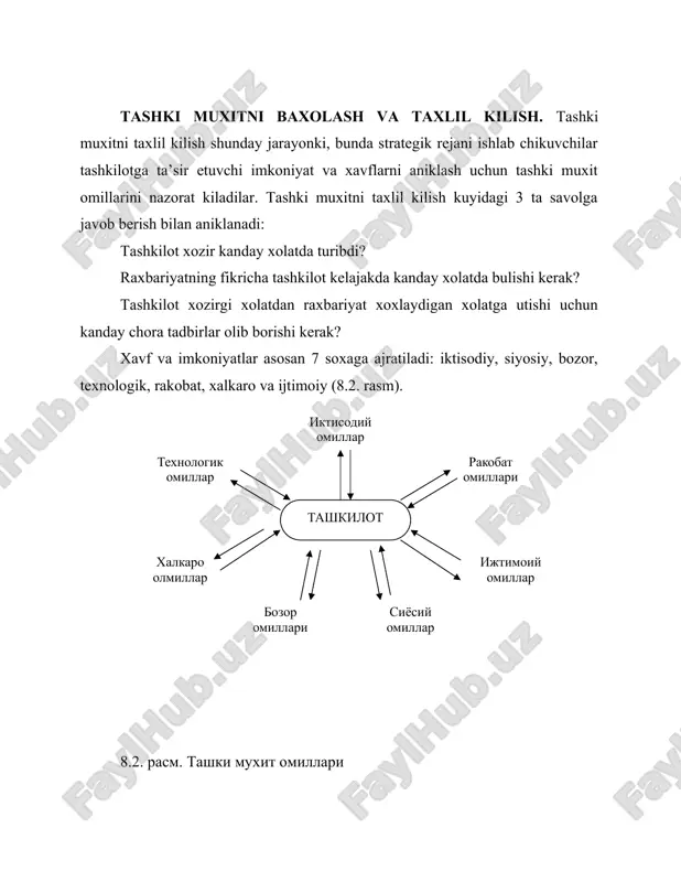 mijozlarga xizmat kursatish, samarali sotish, tovarni reklama kilish va foyda. moliya (buxgalterlik xisobi). moliyaviy xolatni taxlil kilish tashkilotga foyda keltirishi va strategik rejalashtirish jarayoni samaradorligini oshirishga xizmat kursatishi mumkin. moliyaviy xolatning chukur taxlili tashkilotdagi ichki potensial kuchsiz tomonlarini va rakobatchilarga nisbatan tashkilot axvolini yuzaga chikarishi mumkin. ishlab chikarish. ishlab chikarishni taxlil kilishda kuyidagi savollarga javob berish kerak: 1. rakobatchilarga nisbatan biz maxsulot narxini kamaytira olamizmi? 2. kaysi resurslarni olishga imkoniyatimiz bor? 3. kuvvat va jixozlarimiz xozirgi zamon talabiga javob beradimi? 4. bizning maxsulotimiz talabning mavsumiyligiga egami, agar ega bulsa, kanday kilib bu vaziyatni optimallashtirish mumkin? 5. rakobatchilarimiz xizmat kursatmaydigan bozorlarda biz xizmat kursata olamizmi? 6. sifatni nazorat kilish tizimimiz kay darajada samarali? 7. loiyxalashtirilgan va rejalashtirilgan ishlab chikarish jarayoni kay darajada samarali? inson resurslari. agar tashkilot malakali xodimlar va anik maksad sari intiladigan raxbarlarga ega bulsa, unda tashkilot xar kanday alternativ strategiyalar sari borishga kodir buladi. firma madaniyati va siymosi. …
