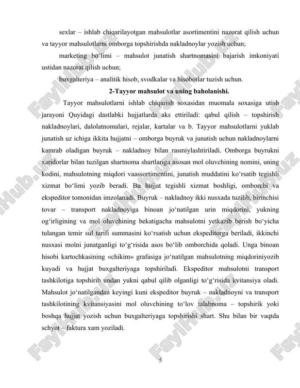 b olganligi to‘g‘risida kvitansiya oladi. mahsulot jo‘natilgandan keyingi kuni ekspeditor buyruk – nakladnoyni va transport tashkilotining kvitansiyasini mol oluvchining to‘lov talabnoma – topshirik yoki boshqa hujjat yozish uchun buxgalteriyaga topshirishi shart. shu bilan bir vaqtda schyot – faktura xam yoziladi. yuklab jo‘natilgan mahsulotlar, bajarilgan ishlar va ko‘rsatilgan xizmatlar – bular mahsulot va xizmatlar uchun to‘lov hujjatlar, mol yuboruvchilar tomonidan bankga topshirilgan, lekin xaridorlar tomonidan to‘lanmagan summa. oy oxirida yuklab jo‘natilgan, lekin to‘lov hujjatlari bankka topshirilmagan mahsulotlar balansdaombordagi tayyor mahsulotlar bilan birga aks ettiriladi va korxonaning aylanma mablag‘lari tarkibida ko‘rsatiladi. 1998 yilning 1 yanvaridan boshlab mahsulotlar yuklab junatgan, xizmatlar ko‘rsatilgan, ishlar bajarilgan sana sotilgan vaqti hisoblanadi hisoblash usulida mol oluvchilarga mahsulot yuklab yuborilganda quyidagicha buxgalteriya yozuvi beriladi: 1.sotilgan mahsulotni haqikiy ishlab chiqarish tan narxiga d-t 9110 « sotilgan mahsulotning tannarxi» schyoti k-t 2810 «ombordagi tayyor mahsulot» schyoti 2. yuklab jo‘natilgan mahsulotning shartnoma qiymatiga d-t 4010 «xaridorlar va buyurtmachilarni olinadigan schyotlar» schyoti …