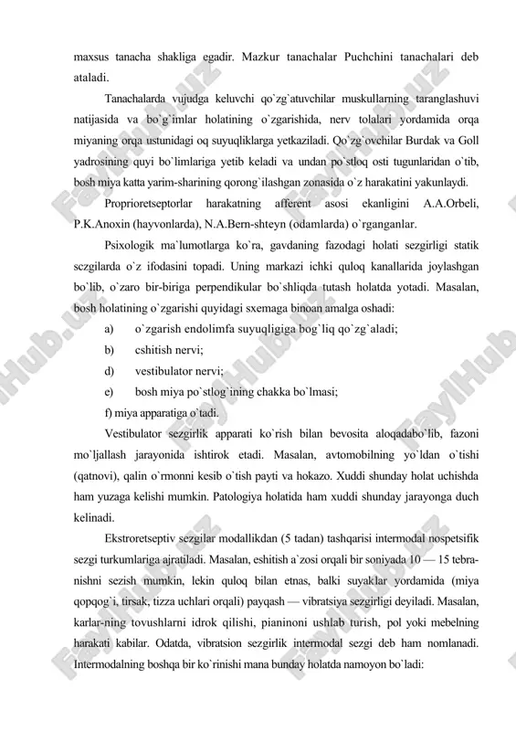 nni kesib o`tish payti va hokazo. xuddi shunday holat uchishda ham yuzaga kelishi mumkin. patologiya holatida ham xuddi shunday jarayonga duch kelinadi. ekstroretseptiv sezgilar modallikdan (5 tadan) tashqarisi intermodal nospetsifik sezgi turkumlariga ajratiladi. masalan, eshitish a`zosi orqali bir soniyada 10 — 15 tebra-nishni sezish mumkin, lekin quloq bilan etnas, balki suyaklar yordamida (miya qopqog`i, tirsak, tizza uchlari orqali) payqash — vibratsiya sezgirligi deyiladi. masalan, karlar-ning tovushlarni idrok qilishi, pianinoni ushlab turish, pol yoki mebelning harakati kabilar. odatda, vibratsion sez​girlik intermodal sezgi deb ham nomlanadi. intermodalning boshqa bir ko`rinishi mana bunday holatda namoyon bo`ladi: a) hid, ta`m va maza sezgilarida; b) o`ta kuchli tovushda, o`ta yorug`iikda; d) tricheminal, ya`ni uch xil ta`sirning uyg`unlashgan, integrativ holati va shu kabilarda. sezgining o`ziga xos bo`lmagan shakli — terining foto sezgirligi, ya`ni ranglarning nozik jilolarini ajratish hamda qo`l uchlari bilan sezish orqali ro`yobga chiqadi. terining foto sezgirligi a.n.leontyev tomonidan kashf qilingan bo`lib, bu narsa ko`pgina …