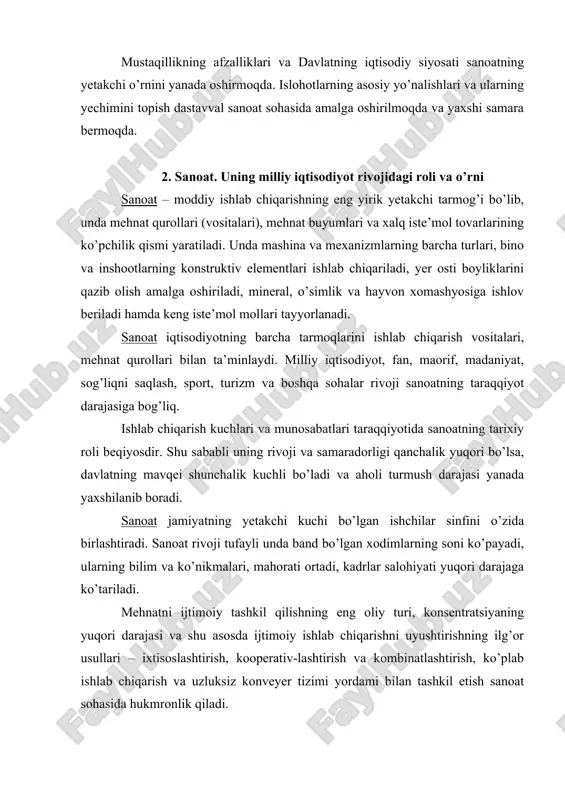 ori darajasi va shu asosda ijtimoiy ishlab chiqarishni uyushtirishning ilg’or usullari – ixtisoslashtirish, kooperativ-lashtirish va kombinatlashtirish, ko’plab ishlab chiqarish va uzluksiz konveyer tizimi yordami bilan tashkil etish sanoat sohasida hukmronlik qiladi. faqat yirik mashina industriyasigina fan va texnikaning barcha yutuqlarini o’zida to’plab, mujassamlashtirib, mehnatni texnika bilan qurollantirishi va uning unumdorligini yuqori darajaga ko’tarishi mumkin. sanoat va ayniqsa uning eng muhim sohasi bo’lgan og’ir sanoat mamlakatda kengaytirilgan takror ishlab chiqarishninig asosi hisoblanadi. u moddiy texnika vositalarini o’zi va boshqa tarmoqlar uchun takror ishlab chiqarish bilan bir vaqtda jamiyat a’zolari o’rtasidagi ijtimoiy ishlab chiqarish munosabatlarini takomillashtirib boradi. sanoat qishloq xo’jaligi ishlab chiqarishini qayta qurishning negizi hisoblanadi. uni yangi texnika bilan ta’minlash orqali sanoat dehqon xo’jaligini iqtisodiy va madaniy jihatdan yuqori darajaga ko’tarishga, shahar bilan qishloq o’rtasidagi muhim tafovutni yo’qotishga, dehqon mehnatini industrial mehnatga aylantirishga yordam beradi. sanoat mamlakat mudofaa qobiliyatinining moddiy manbai, dunyoda tinchlikni saqlashning muhim omili, mamlakatlar mustaqilligini va birdamligini ta’minlovchi …