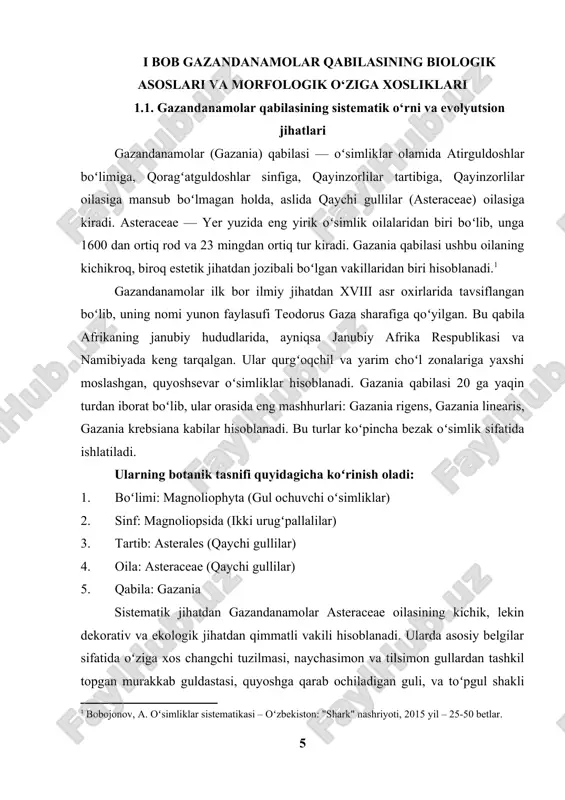 b turadi. bu oʻsimliklar uchun xos boʻlgan morfologik xususiyatlar barglarining palmat shakli, ildiz tizimining boʻgʻinli va mavsumiy oʻsishidir. gazandanamolar oilasining asosiy xususiyatlaridan biri - ular monoik oʻsimliklar boʻlib, yaʼni erkak va urgʻochi gullar bir oʻsimlikda joylashadi. gazandanamolar qabilasining oʻsimliklari har xil oʻlchamda boʻlib, ularning mevalari koʻpincha yogʻli yoki shirin, tarkibida koʻplab foydali moddalarga ega. sistematik oʻrni boʻyicha, gazandanamolar qabilasi magnoliopsida sinfiga kiradi va oʻsimliklar tasnifida kuchli oʻringa ega. ularning tasnifi koʻplab rodlar va turlarga boʻlingan boʻlib, eng mashhurlari, masalan, cucumis (qovun, tarvuz), cucurbita (qovoq), lagenaria (yirik baliq), momordica (gʻoyat ozod mevalar) kabi turlarni oʻz ichiga oladi. gazandanamolar qabilasining oʻziga xos xususiyatlari va tabiiy tarqalish areali oʻsimliklar biologiyasini va ekosistemdagi rolini yanada yaxshilashga imkon yaratadi. ularning rivojlanish va oʻsish jarayonlari har xil iqlim sharoitlariga moslashgan boʻlib, bu ularni ekologik jihatdan yuqori moslashuvchan qiladi. 1.2. gazandanamolarning tashqi va ichki morfologik tuzilmasi gazandanamolar vakillarining morfologik tuzilishi oʻsimlikning tabiiy sharoitga moslashuvchanligini koʻrsatadi. ularning oʻsimlik …
