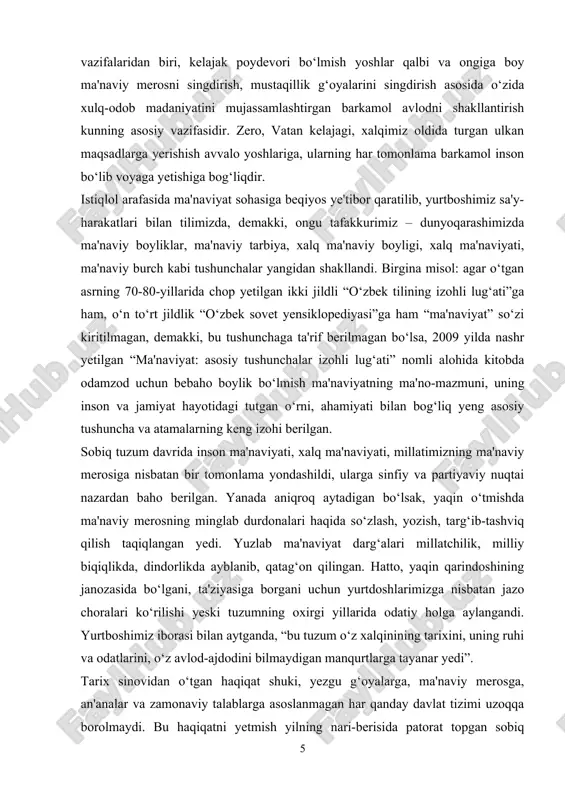 y nuqtai nazardan baho berilgan. yanada aniqroq aytadigan bo‘lsak, yaqin o‘tmishda ma'naviy merosning minglab durdonalari haqida so‘zlash, yozish, targ‘ib-tashviq qilish taqiqlangan yedi. yuzlab ma'naviyat darg‘alari millatchilik, milliy biqiqlikda, dindorlikda ayblanib, qatag‘on qilingan. hatto, yaqin qarindoshining janozasida bo‘lgani, ta'ziyasiga borgani uchun yurtdoshlarimizga nisbatan jazo choralari ko‘rilishi yeski tuzumning oxirgi yillarida odatiy holga aylangandi. yurtboshimiz iborasi bilan aytganda, “bu tuzum o‘z xalqinining tarixini, uning ruhi va odatlarini, o‘z avlod-ajdodini bilmaydigan manqurtlarga tayanar yedi”. tarix sinovidan o‘tgan haqiqat shuki, yezgu g‘oyalarga, ma'naviy merosga, an'analar va zamonaviy talablarga asoslanmagan har qanday davlat tizimi uzoqqa borolmaydi. bu haqiqatni yetmish yilning nari-berisida patorat topgan sobiq ittifoqning qismati yaqqol isbotladi. ayni vaqtda mustabid tuzum davrida xalqimizning qadr-qimmati, sha'ni va g‘ururi poymol yetilgani, ko‘hna tariximiz va muqaddas qadriyatlarimiz toptalgani, ma'naviy qaramlik ostida taqdirimiz jar yoqasiga kelib qolganini aslo unutib bo‘lmaydi. shuni ta'kidlash kerakki, istiqlol yillarida amalga oshirilayotgan ma'naviy targ‘ibot faoliyati o‘zining mazmun-mohiyat va ahamiyati jihatidan yeski davrdagi “propaganda-agitatsiya …