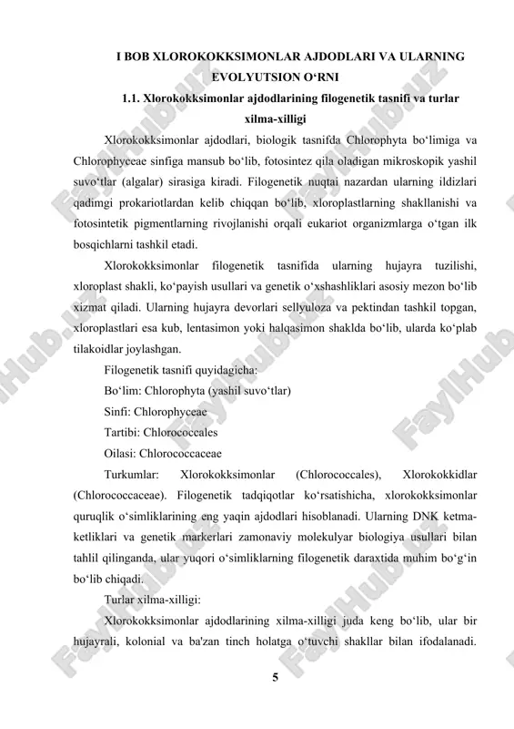 nergiyasini quyosh nuridan oladi, shuningdek, ular boshqa organizmlarni oziqlantiruvchi, yutiluvchi va suvdagi ozon miqdorini koʻpaytiruvchi ekologik jarayonlarga hissa qoʻshadi. xlorokokksimonlarning oʻziga xos xususiyati shundaki, ular oʻzlarining suvli muhitda yashashga moslashishlari va juda keng tarqalganliklari bilan ajralib turadi.[footnoteref:1] [1: isakov, s. ekologiya asoslari – toshkent: "oʻzbekiston" nashriyoti, 2015 yil – 45-72 betlar] xlorokokksimonlar odatda kichik, 1 mikrometrdan kam boʻlgan oʻlchamlarda boʻladi. ular baʼzan yagona hujayradan iborat boʻlib, oʻrta va katta oʻlchamdagi guruhlar ham uchraydi. ularning tashqi qavati jelatinli boʻlib, bu ularga atrof-muhit sharoitlarida qattiq sharoitlarga moslashishga yordam beradi. xlorokokksimonlar suvda eritilgan kislorodning ishlab chiqarilishiga hissa qoʻshadi, shuning uchun ular ekologik jihatdan muhim ahamiyatga ega. ularning koʻpayishi asosan mitoz yoʻli bilan amalga oshadi, bu esa xlorokokksimonlarning tez oʻsishi va rivojlanishini taʼminlaydi. koʻpchilik xlorokokksimonlar turgʻun va issiq suv muhitlarida, oʻta ifloslangan va yuqori haroratli sharoitlarda ham yashay olishadi. bular koʻpincha suvda yutilgan oziq moddalar va mineral moddalarni, shu jumladan, azot va fosforni oʻzlashtiradigan …
