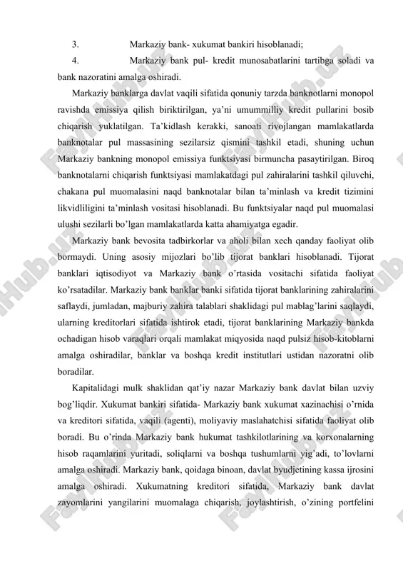 yuritadi, soliqlarni va boshqa tushumlarni yig’adi, to’lovlarni amalga oshiradi. markaziy bank, qoidaga binoan, davlat byudjetining kassa ijrosini amalga oshiradi. xukumatning kreditori sifatida, markaziy bank davlat zayomlarini yangilarini muomalaga chiqarish, joylashtirish, o’zining portfelini to’ldirish uchun davlat qog’ozlarini sotib olish, davlatga (xukumatga) to’g’ri gazna kreditlarini berish bilan shug’ullanadi. davlat byudjetining defitsiti sharoitida ko’pgina mamlakatlarda markaziy bankning xukumatni kreditlash va davlat qarzini boshqarish funktsiyalari kuchayadi. markaziy bank davlat qarzini boshqarish uchun turli usullardan foydalanadi. masalan, davlat majburiyatlarining kurslariga ta’sir ko’rsatish maqsadida ularni sotadi va sotib oladi, sotish shartlarini o’zgartiradi, turli yo’llar bilan xususiy investorlar uchun ularni jozibadorligini oshiradi. davlatning vaqili (agenti) funktsiyasida, markaziy bank mamlakatning oltinvalyuta zahiralaridan foydalanadi, milliy pul birligi kursini ushlab turish uchun valyuta bozorlarida valyuta interventsiyasi kabi vositalardan foydalanadi. markaziy bank xalqaro valyuta-kredit tashkilotlarda o’z mamlakati nomidan qatnashadi. yuqorida aytib o’tilganlardan, umuman olganda, markaziy bankning barcha funktsiyalari o’zaro bog’liqdir. davlatga kredit berish orqali markaziy bank kredit muomala vositalarini yaratadi. xukumatning …