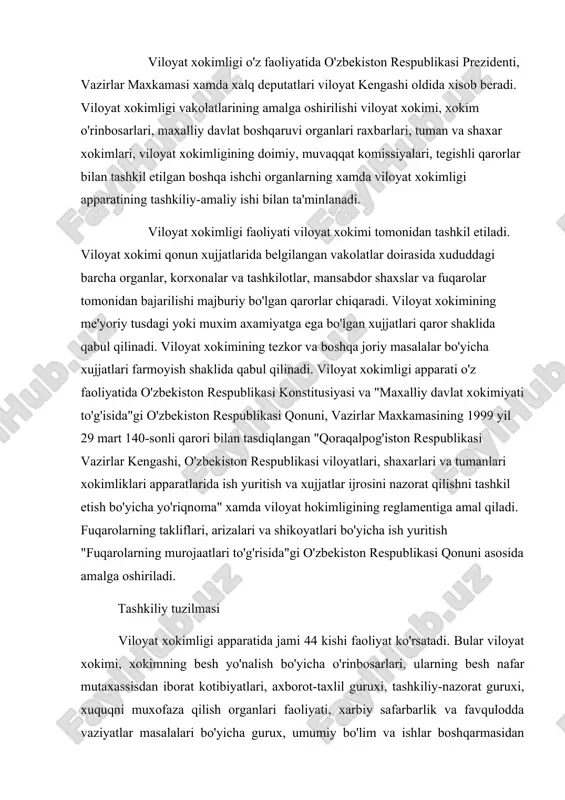 ri to'g'risida"gi o'zbekiston respublikasi qonuni asosida amalga oshiriladi. tashkiliy tuzilmasi viloyat xokimligi apparatida jami 44 kishi faoliyat ko'rsatadi. bular viloyat xokimi, xokimning besh yo'nalish bo'yicha o'rinbosarlari, ularning besh nafar mutaxassisdan iborat kotibiyatlari, axborot-taxlil guruxi, tashkiliy-nazorat guruxi, xuquqni muxofaza qilish organlari faoliyati, xarbiy safarbarlik va favqulodda vaziyatlar masalalari bo'yicha gurux, umumiy bo'lim va ishlar boshqarmasidan iborat. respublikasi konstitutsiyasining maqsadi, prinsiplari, asosiy qoidalari mazmun va mohiyati negizini belgilovchi ulug`vor g`oyalar, uning muqaddimasida to`la bayon etilgan. konsitutsiya muqaddimasi juda ixcham va yuksak saviyali. muqaddimada o`zbekistonning rivojlanish, yangilanish va taraqqiyot yo`li hamda yangi jamiyat va davlat qurilishining yo`nalishlari belgilab beriladi. ushbu istiqboldagi maqsdlar sari rivojlanishning o`z istiqlol va taraqqiyot yo`li quyidagi ilg`or huquqiy g`oyalarga tayanadi. bular: inson huquqlari va davlat suverenetetiga sodiqlik, hozirgi va kelajak avlodlar oldidagi mas'uliyatni anglash, o`zbek davlatchiligining boy tarixiy tajribasiga tayanish, demokratiya va ijtimoiy adolatga sadoqat, xalqaro huquqning qoida va talablarini tan olish, fuqarolarning farovon hayot tarzini yaratish, insonpavar demokratik …