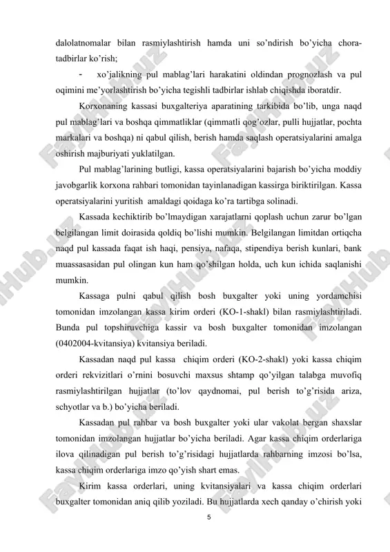 pul berish to’g’risidagi hujjatlarda rahbarning imzosi bo’lsa, kassa chiqim orderlariga imzo qo’yish shart emas. kirim kassa orderlari, uning kvitansiyalari va kassa chiqim orderlari buxgalter tomonidan aniq qilib yoziladi. bu hujjatlarda xech qanday o’chirish yoki to’g’rilashga ham yo’l qo’yilmaydi. korxonada ishlamaydigan shaxslarga pul berishda ularning shaxslarini tasdiqlovchi pasport yoki boshqa hujjat talab qilinadi, kassa chiqim orderning pul olganligi to’g’risida imzo qo’yiladigan joyida taqdim etilgan hujjatning ma’lumotlari ko’rsatiladi. ish haqi va unga tenglashtirilgan mablag’lar uchun naqd pul bankdagi hisob-kitob schyotidan pul chek daftarchasiga asosan olinadi. pul chek daftarchasi hisob-kitob schyotidan unda ko’rsatilgan naqd pulni berish to’g’risida korxonaning bankka bergan buyrug’i bo’lib hisoblanadi. ish haqi, pensiya nafaqa, mukofotlar to’langanda har bir oluvchiga kassa chiqim orderi tuzilmasdan to’lov qaydnomai bo’yicha to’lanadi. ish haqi tarqatilgandan so’ng to’lov qaydnomai bo’yicha umumiy to’langan summaga buxgalter kassa chiqim orderi tuzadi. kassa orderlari bo’yicha pul qabul qilish va to’lash faqat hujjatlar tuzilgan kuni amalga oshiriladi. barcha kassa kirim va …