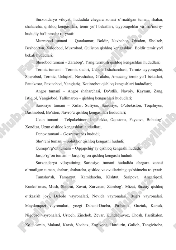 au, issiqchashma, labiob, bog‘i-samarqand, dorasoy aholi punktlari. o`rta osiyoni chegaralab bo`lish va milliy respublikalar tuzish g`oyasi 1924-yilda amalga oshirila boshlandi. biroq bu masalaga doir zid-diyatlar ayni davrda ham davom etaverdi. bu kampaniyada ishtirok etishdan bo`yin tovlasliga ochiq-oydinintilish hollari takrorlanaverdi, yangi loyihalar taklif etil-di. lekin markaz, o`rta osiyo byurosi qattiq turib oldi. ammo o`rta osiyo respublikalaridagi hukumat vapartiya organlarining nuqtai nazarlari yakdil emas edi.turkiy xalqlar bir-biriga yaqin, degan fikr o`rtagaqo`yilar, boshqa dalillar keltirilardi. 1924-yil fevralidabuxoro kompartiyasi chegaralanish masalasini ko`ribchiqdi. unda o`rta osiyoning ma`muriy tuzih`shi yuzasi-dan taldif etilayotgan, barcha turkiy xalqlarning ildizibirligini hisobga olmaydigan siyosat o`tmish istilochilarisiyosati bilan aslida bir deb aytildi. o`rta osiyo byurositezislardagi bu fikrlarni xato deb e`lon qilib, qattiq tan-qid ostiga oldi. turkiston markaziy ijroiya komiteti vaturkiston kompartiyasining 10-martdagi birlasligan ken-gasliida atoqli partiya xodimlari s.xo`janov, s.asfandiyorov, n.paskutskiy o`rta osiyodagi mavjud sovetrespublikalari o`rnida o`rta osiyo federatsiyasini tuzishto`g`risida taklif kiritdilar. shu bilan birga s.xo`janov turkiston yagona, bir butun va uning yaxlithgini …