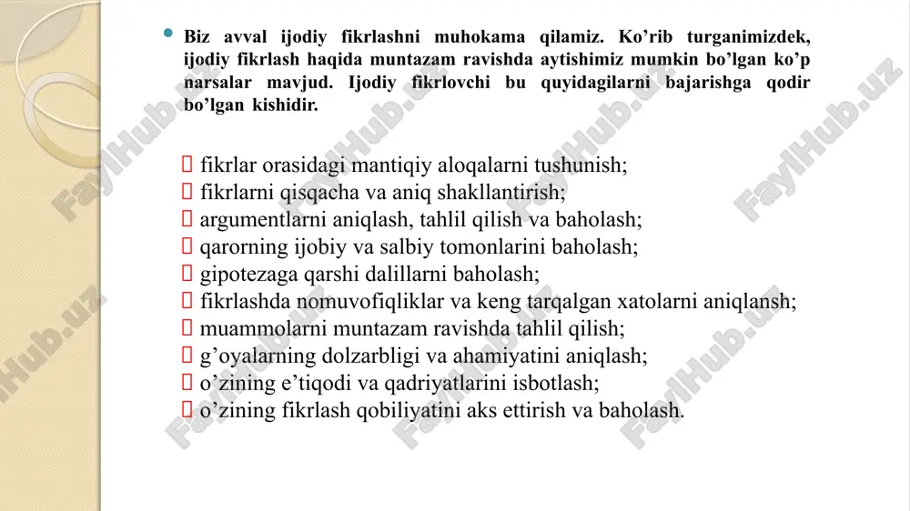 ’nol'i javob berishga harakat qiling, har safar yangi iboralarni o’ylab toping – qolip so’zlardan qoching, latifalarni esga oling, yangi xazillar, qiziqarli voqealarini o’ylab toping, albatta suhbatda ularni qistirib o’ting. ijodiy fikrlashni rivojlantirishning birinchi usuli: shakli o'zgaruvchilarni o'ynash bizning birinchi maslahatimiz "flip-flop" deb nomlangan. ko'chada ketayotganingizda yoki transportda ketayotganingizda, reklama, yozuvlar va do'konlarning nomlarini o'qishga harakat qiling, men oldindan so'rayman. masalan, "neapol" pitseriyasi, siz esa "lopaen" ni o'qiysiz. avvaliga bu qiyin bo'ladi, ammo miyani ham o'rgatish kerak. bir necha kun va siz ko'p harakat qilmasdan qisqa so'zlarni, keyinroq uzunroq so'zlarni, keyin iboralarni va nihoyat uzoq jumlalarni o'qiy olasiz. shakli o'zgaruvchilarni o'ynash bu nima uchun? avvalo, siz miyangizni mashq qilasiz, vaziyatni ko'rishning bir nechta usuli borligini, muqobillari borligini va bu muqobillarga e'tibor berish kerakligini xabar bering. muammo tug'ilganda va undan chiqish yo'lini izlash kerak bo'lganda, sizning fikringiz endi nostandart, tushunarsiz echimlarga qarshi turmaydi. ertalab kechqurun boshlanadi ertalab kechqurun boshlanadi - ijodiy fikrlashni …