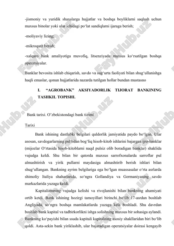g juda koʻp mamlakatlarida boʻlim va filiallariga ega. rivojlangan mamlakatlarda bank iqtisodiyotni boshqarish va ragʻbatlantirish muassasasi vazifalarini bajaradi. bank pul kapitalini iqtisodiyotning sohalari va tarmoqlari boʻyicha taqsimlanishida qatnashib, foyda normasining tenglashuvini taʼminlaydi. oʻzbekistondagi bank tizimi oʻzbekistonda birinchi bank muassasasi 1875-yil toshkentda ochilgan rossiya imperiyasi davlat bankning filiali boʻlgan. 19-asrning oxirida turkistonda rus kapitali ishtirokidagi oʻrta osiyo aksiyadorlik banki (1881), volgakama banki (1893), rus-xitoy (rus-osiyo) banki (1903), azov-don savdo banki (1910), nijniy novgorod-samara banki (1899), poltava yer banki (1901)ning filial, boʻlim va agentliklari faoliyat olib bordi. oktabr toʻntarishidan soʻng barcha bank sovet hokimiyati tomonidan natsionalizatsiya qilindi. oʻzbekistonda bank tizimi 1924-yildan boshlab sobiq sssr bank tizimining tarkibiy qismi sifatida tashkil qilindi. 1992-yilga qadar sssr davlat banki (1923; 1921 — 23-yillarda rsfsr davlat banki), sssr qurilish banki (1959; 1922 — 59-yillarda sssr savdo banki), sssr tashqi savdo banki (1924)ning oʻzbekiston idora (kontora)lari respublikadagi bank muassasalari ishiga rahbarlik qildi. sssrning parchalanishiga qadar oʻzbekistonda mustaqil …