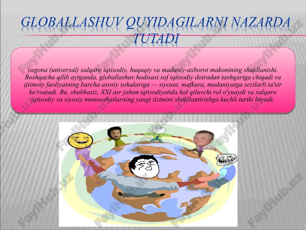 rida global munosabatlar va o'zaro bog'liqlikni chuqurlashtiradi, kengaytiradi va tezlashtiradi. ko'rib turganingizdek, global miqyosda globallashuv ijobiy va salbiy tomonlarga ega, ammo bu xalqaro hayotning barcha sub'ektlari moslashishi kerak bo'lgan ob'ektiv jarayon.
