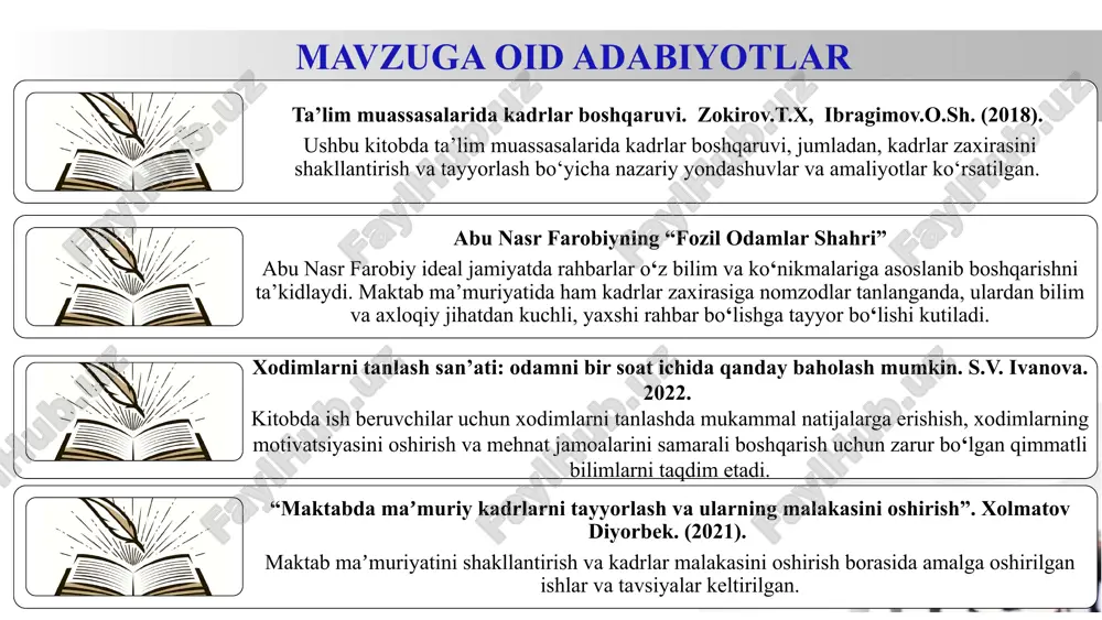 jribasini oshiradilar va o‘z bilimlarini amalda sinab ko‘radilar. bo’lajak zaxira kadrlar tayyorlanadi. nomzodlarning ko‘nikmalarini o‘rganish uchun testlar va intervyularni yaratish. 2 maktablar o‘rtasidagi hamkorlik va tajriba almashish imkoniyatlari cheklangan, bu esa umumiy boshqaruv sifatiga salbiy taʼsir ko‘rsatadi. boshqa maktablar bilan doimiy hamkorlikni o‘rnatish va tajriba almashishni tizimli ravishda yo‘lga qo‘yish. direktor, kadrlar menejeri, kasaba uyushma raisi tasdiqlangan reja asosida har oyda bir marta bu barcha maktablarda samarali boshqaruvni taʼminlaydi. natijada yosh o‘qituvchilarning muloqatchanlik hamkorlikda ishlash qobiliyatlari rivojlanib boradi va rahbarlik fazilatlari shakllanadi. 3 nomzodlarni tanlash jarayonida shaffoflik yetishmasligi. bu esa ijtimoiy tarmoqlarda yoki jamoatchilik orasida adolatsizlik va notoʻgʻri tanlovlar haqidagi shikoyatlarni keltirib chiqarishi mumkin. maktabda o‘qituvchilar va xodimlar orasida ijtimoiy so‘rovlar o‘tkazish, fikrlar almashish va ishtirokchilarni faol jalb etish. bu orqali samarali qarorlar qabul qilish va jamoaning ehtiyojlariga moslashtirilgan reja ishlab chiqish. direktor va o‘rinbosarlari o‘quv yili davomida munosib nomzodlar saralanadi va kadrlar zaxirasiga kiritiladi. 12 e’tiboringiz uchun rahmat image7.svg …
