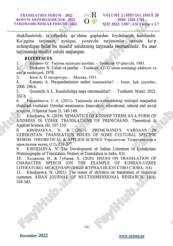 m qo‘shib tarjima qiladi. asarning yanada badiyatini chuqurlashtirishi mumkin. “aman dileyene kılıç çekilmez” maqoli “omonlik so‘raganni qilich kesmaydi” deb tarjima qilgan. bu maqolni omonlik so‘raganga qo‘l(qilich) ko‘tarilmaydi, deb tarjima qilinsa maqsadga muvofiq bo‘lar edi. birinchi qismning birinchi bo‘limi nomi muhtemel itirazlar deb nomlanadi. uni tarjimada asosiy etirozlar deb bergan, lekin muhtemel so‘zining ma’nosi ihtimoliy, kutilgan, taxmin qilingan ma’nolarini bildiradi. asosiy etirozlar o‘rniga taxminiy yoki ihtimoliy etirozlar deyilganda maqsadga muvofiq bo‘lar edi. tarjimon bu asar tarjimasida mohirona tarjima qilgan deb ayta olamiz, chunki muallif uslubini saqlab qola olgan. xulosa xulosa o‘rnida shuni aytish mumkinki, tarjimon bu asar tarjimasida yaxshi natija ko‘rsatgan. diniy-ma’rifiy asar bo‘lgani uchun muallif uslubiga xos xususiyatlari kam, lekin shunga qaramay muallif uslubini tarjimada chiqarib bera olgan. albatta, muallif uslubini to‘laqonli saqlab qolishning iloji yo‘q. muallif uslubi bilan bir qatorda tarjimon uslubi ham mavjud. a.l.qozonchining uslubini asosiy jihatlari: tarixiy so‘zlardan keng foydalanish, qahramonlar xarakteriga mos bo‘lgan nutqni translation forum …