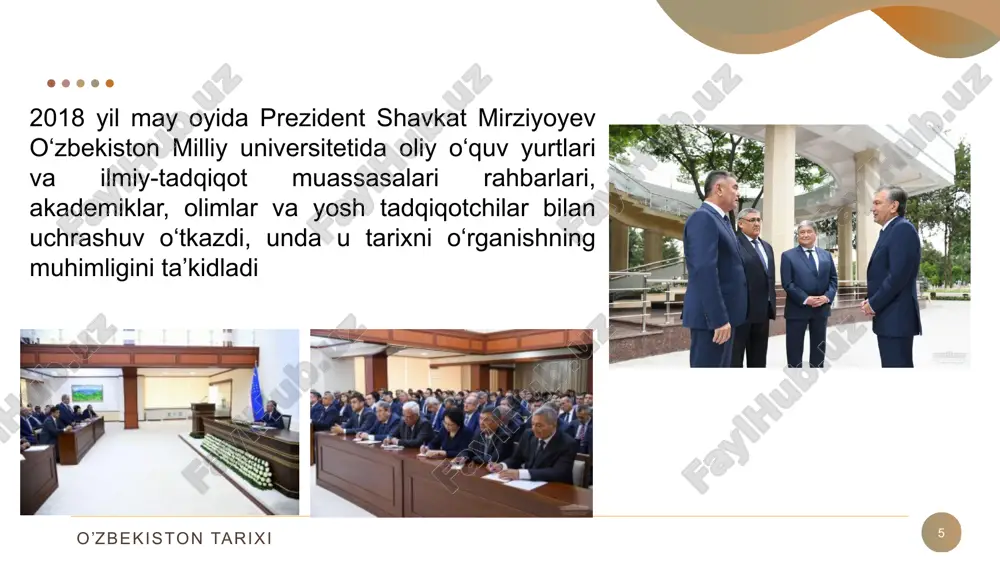 niyasi negizida “o‘zbekiston telekanali” ni tashkil qilish taklifini ilgari surgan edi. mazkur taklif asosida 2019 yil 1 sentyabrdan boshlab ushbu telekanal o‘z ish faoliyatini boshladi. o’zbekiston tarixi o‘zbekistonning eng yangi tarixi 19 2020 yilda oliy majlisga qilingan murojaatnomada prezident shavkat mirziyoev “bir haqiqatni hech qachon unutmaylik: biz buyuk tarix, buyuk davlat, buyuk madaniyat yaratgan xalqmiz. biz – hech qachon mehnatdan qochmaydigan, qiyinchilikdan qo‘rqmaydigan, adolatni qadrlaydigan, azmu shijoatli buyuk xalqmiz. barchamiz bir tanu bir jon bo‘lib, yakdil va ahil bo‘lib harakat qilsak, halol-pok bo‘lib, yaxshi niyat bilan mehnat qilsak, har qanday marralarni egallashga, boshqacha aytganda, tarixning yangi sahifasini yaratishga qodirmiz. bu yo‘lda qanday qiyinchilik va mashaqqatlar bo‘lmasin, barchasini mardona engib o‘tishga tayyormiz. bunday ezgu ishlarda bizga yaratganning o‘zi, buyuk ajdodlarimizning pok ruhlari madadkor bo‘ladi, deb ishonaman, deganligi yanada ahamiyatli bo‘ldi. o’zbekiston tarixi o‘zbekistonning eng yangi tarixi 20 xalqimiz yangi tarixining muhim voqelaridan biri sifatida prezidentimiz tashabbusi bilan poytaxt toshkent shahrining olmazor …