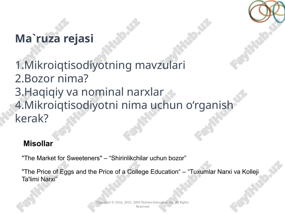 lot savollari va masalalar mikroiqtisodiyotning mavzulari copyright © 2016, 2012, 2009 pearson education, inc. all rights reserved narxlar va bozorlar savdo isteʼmolchilar, ishchilar, yoki firmalar uchrashgandagi narxga asoslanadi. -markazlashgan rejali iqtisodiyotda narxlar hukumat tomonidan belgilanadi. -bozor iqtisodiyoti sharoitida narxni belgilovchi omil sifatida isteʼmolchilar, ishchilar va bozorlardagi firmalarning to‘plamlarining o‘zaro munosabati ostida belgilanadi. masalan, avtomobillar bozorida avtomobillar narxlariga ford, general motors, toyota va boshqa ishlab chiqaruvchilar o'rtasidagi raqobat hamda iste'molchilar talablari ta'sir qiladi. bozorlarning markaziy roli mikroiqtisodiyotning uchinchi muhim mavzusidir. bozorlarning mohiyati va faoliyati to'g'risida qisqa vaqt ichida biz ko'proq gapirib beramiz. 10 narxlar va bozorlar copyright © 2016, 2012, 2009 pearson education, inc. all rights reserved mikroiqtisodiyotning mavzulari savdo-kelishuvlar trade-offs iste'molchilar ba'zi tovarlarning boshqalarini kamroq narxiga sotib olishdagi o'zaro qarama-qarshiliklar joriy iste'mol va kelajakdagi iste'mol o'rtasidagi o'zaro bog'liqlik ishchilar ish tanlashda o'zaro kelishuvlar mehnat va bo'sh vaqt o'rtasidagi kelishuv firmalar nimani ishlab chiqarish bo'yicha o'zaro kelishuvlar ishlab chiqarishda foydalanish uchun …