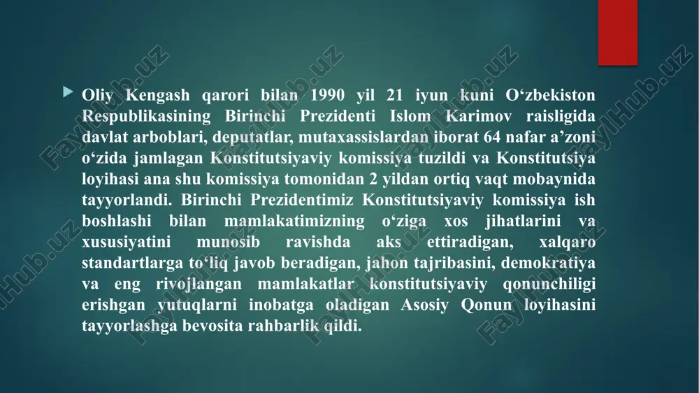 shu qoidadan iborat band ham qayta ko‘rib chiqilishi mumkin emas. boshqacha aytganda, bu norma – o‘zbekiston hech qachon demokratiyadan voz kechmasligi, huquqiy davlatchilikka sodiqligi, monarxiyaga yoki islomiy respublikaga aylanmasligini nazarda tutadi. o‘zbekiston – huquqiy, ijtimoiy va dunyoviy davlat konstitutsiyaning 1-moddasidagi“o‘zbekiston – suveren demokratik respublika” jumlasi quyidagicha o‘zgartirilmoqda: o‘zbekiston – boshqaruvning respublika shakliga ega bo‘lgan suveren, demokratik, huquqiy, ijtimoiy va dunyoviy davlat. boshqaruvning respublika shakli – davlat hokimiyatining oliy organlari xalq tomonidan muayyan muddatga saylanishini anglatadi. (konstitutsiya normalariga rasmiy sharhlar hozircha yo‘q, shu sababli undagi norma va tushunchalarga tahririyat umumqabul qilingan doirada, mustaqil izoh berib o‘tmoqda). suveren davlat – o‘z hududida to‘la-to‘kis mustaqil hukmronlik va mutlaq yurisdiksiyaga ega bo‘lish demakdir. konstitutsiya to‘g‘ridan to‘g‘ri amal qiladi 15-moddaga quyidagicha qo‘shimcha qo‘shildi: o‘zbekiston respublikasi konstitutsiyasi mamlakatning butun hududida oliy yuridik kuchga ega, to‘g‘ridan to‘g‘ri amal qiladi va yagona huquqiy makonning asosini tashkil etadi. konstitutsiyaning to‘g‘ridan to‘g‘ri amal qilishi fuqarolarga nafaqat qonunlar, balki bevosita konstitutsiyadagi …