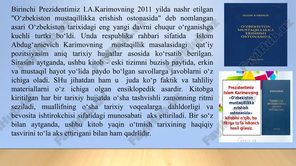 tining aniq masalalarini ishlab chiqishda, mamlakatda demokratik islohotlarni yanada chuqurlashtirish va fuqarolik jamiyati asoslarini mustahkamlashda faol ishtirok etadi. 2020 yil “ilm-ma’rifat va raqamli iqtisodiyotni rivojlantirish yilida quyidagi ishlar ko'zda tutildi: 2020 yil “ilm-ma’rifat va raqamli iqtisodiyotni rivojlantirish yilida quyidagi ishlar ko'zda tutildi: foydanildan adabiyotlar: 1.shavkat mirziyoev. biz milliy rivojlanish yo‘limizni yangi bosqichda ishonch bilan davom ettiramiz. 1-jild. t: “o‘zbekiston”, 2017 yil. 2. karimov i. mamlakatda demokratik islohotlarni yanada chuqurlashtirish va fuqarolik jamiyatini shakllantirish kontsepsiyasi.-t: “o‘zbekiston”, 2010 yil. 3. karimov i. o‘zbekiston mustaqillikka erishish ostonasida.-t: “o‘zbekiston”, 2011 yil. 4. sobirov a. o‘zbekistonning yangi tarixi: o‘rganish metodologiyasi masalalari bo‘yicha // "o‘zbekistonning eng yangi tarixi: nazariy va metodologik asoslari, o‘rganish tajribasi, manbalari va usullari" respublika ilmiy-amaliy konferensiyasi materiallari. – t: 2013 yil. 5. rahimov m. o‘rta osiyoda zamonaviy xalqaro munosabatlarni o‘rganishda fanlararo usullardan foydalanish. o‘zbekistondagi og‘iz tarixi: nazariya va amaliyot. –t: o‘zr ii an, 2011 yil. 6. rahimov m., tursunova r. o‘zbekistonning zamonaviy …